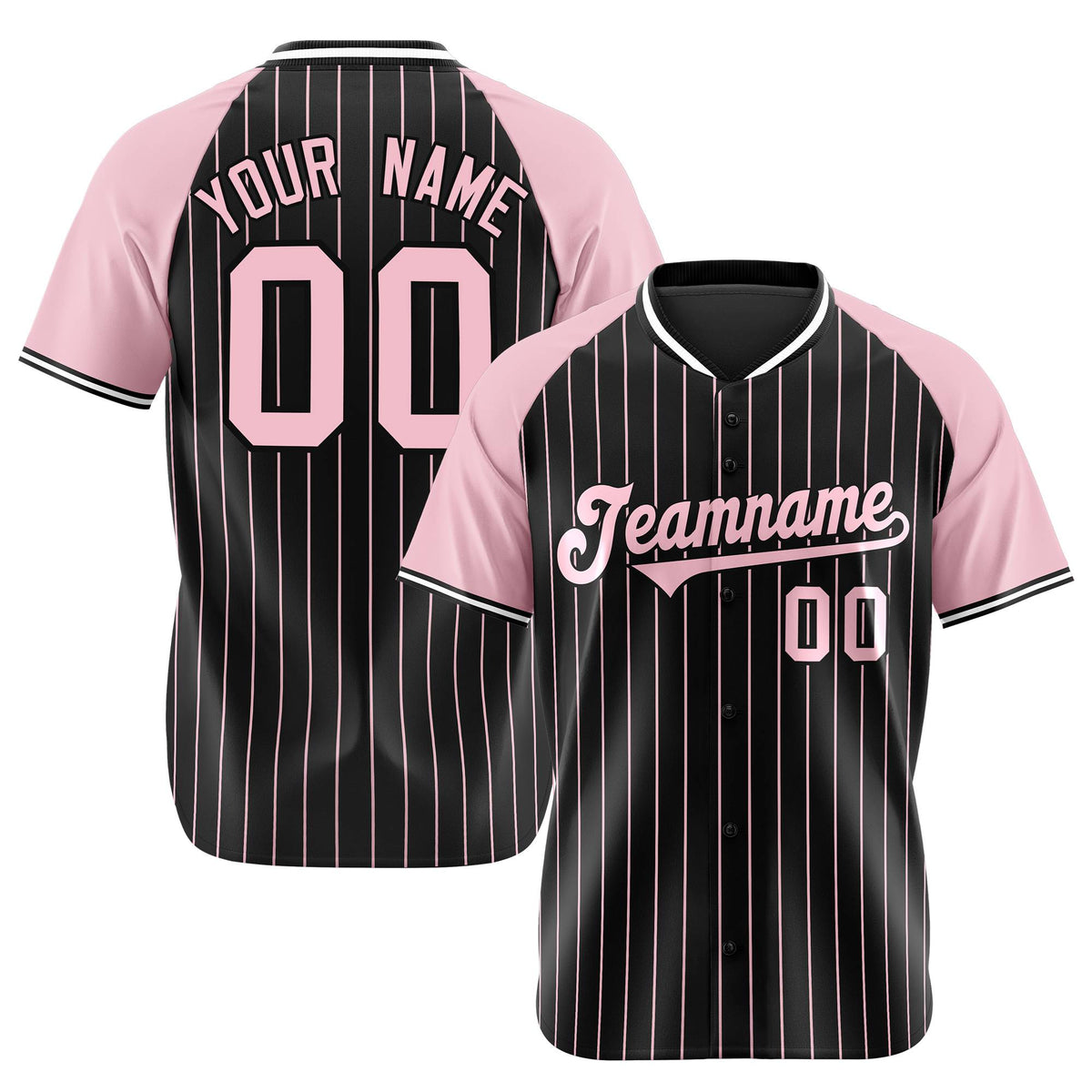 Custom Black Pink Pinstripe Pink-Black Authentic Raglan Sleeves Baseball Jersey