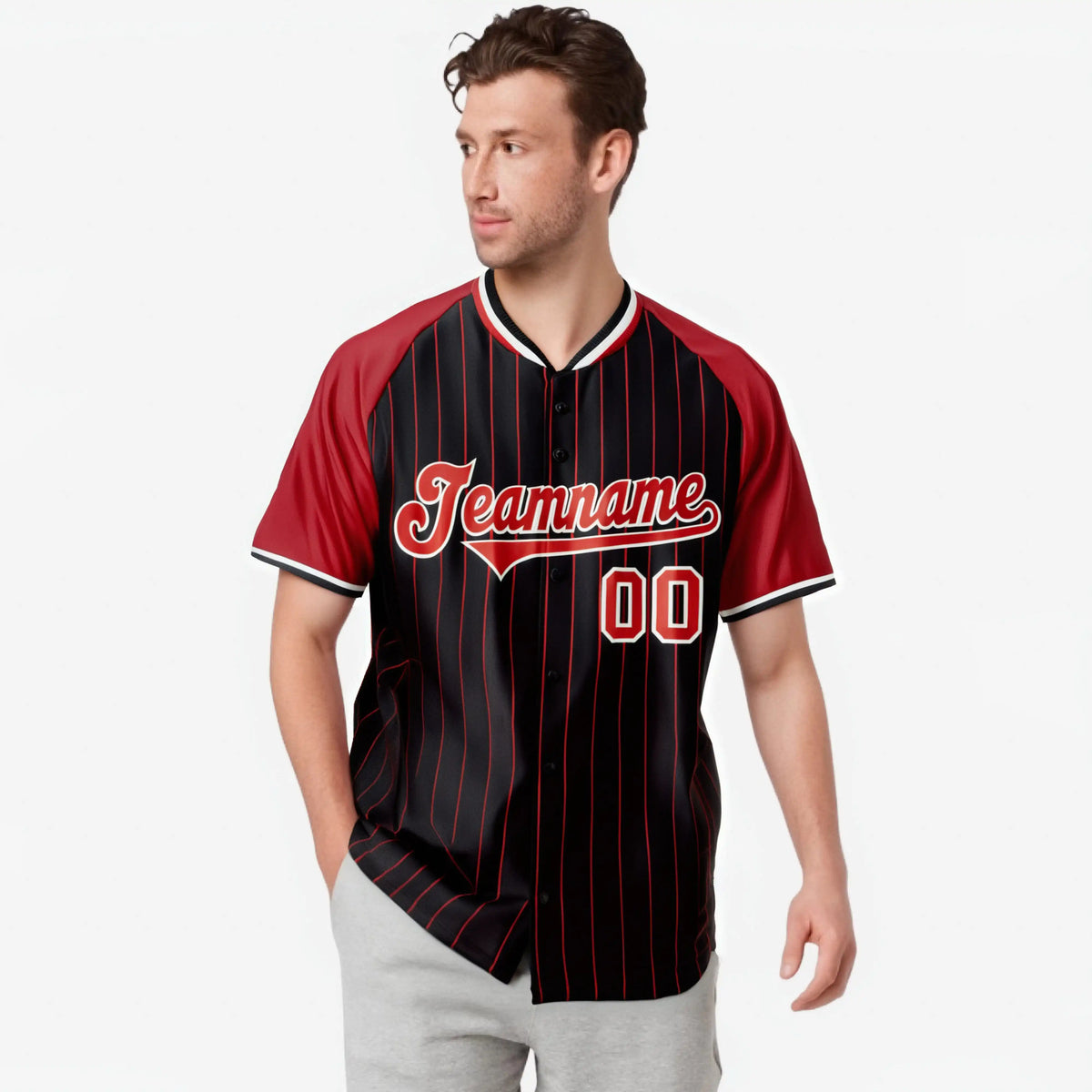 Custom Black Red Pinstripe Red-Black Authentic Raglan Sleeves Baseball Jersey