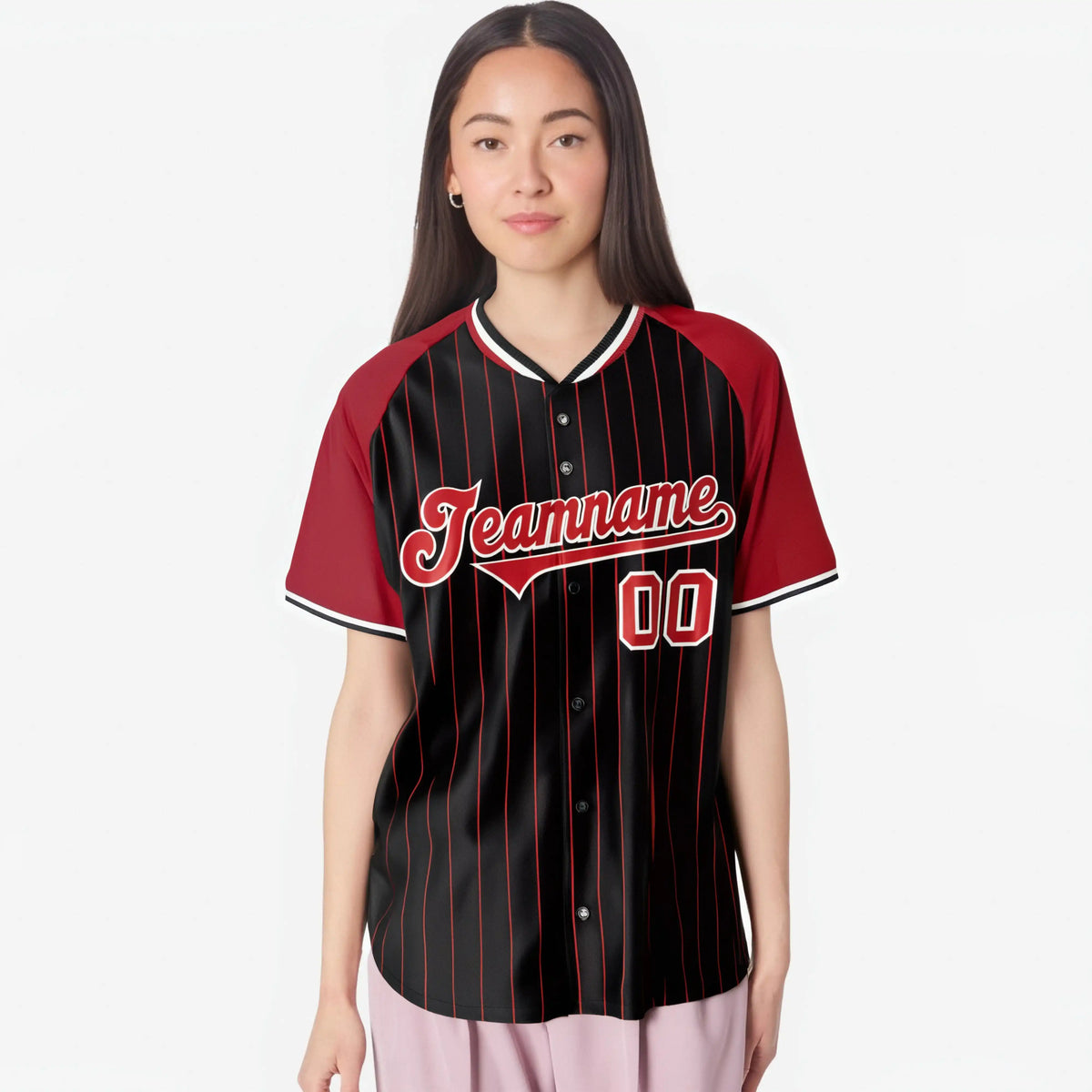 Custom Black Red Pinstripe Red-Black Authentic Raglan Sleeves Baseball Jersey