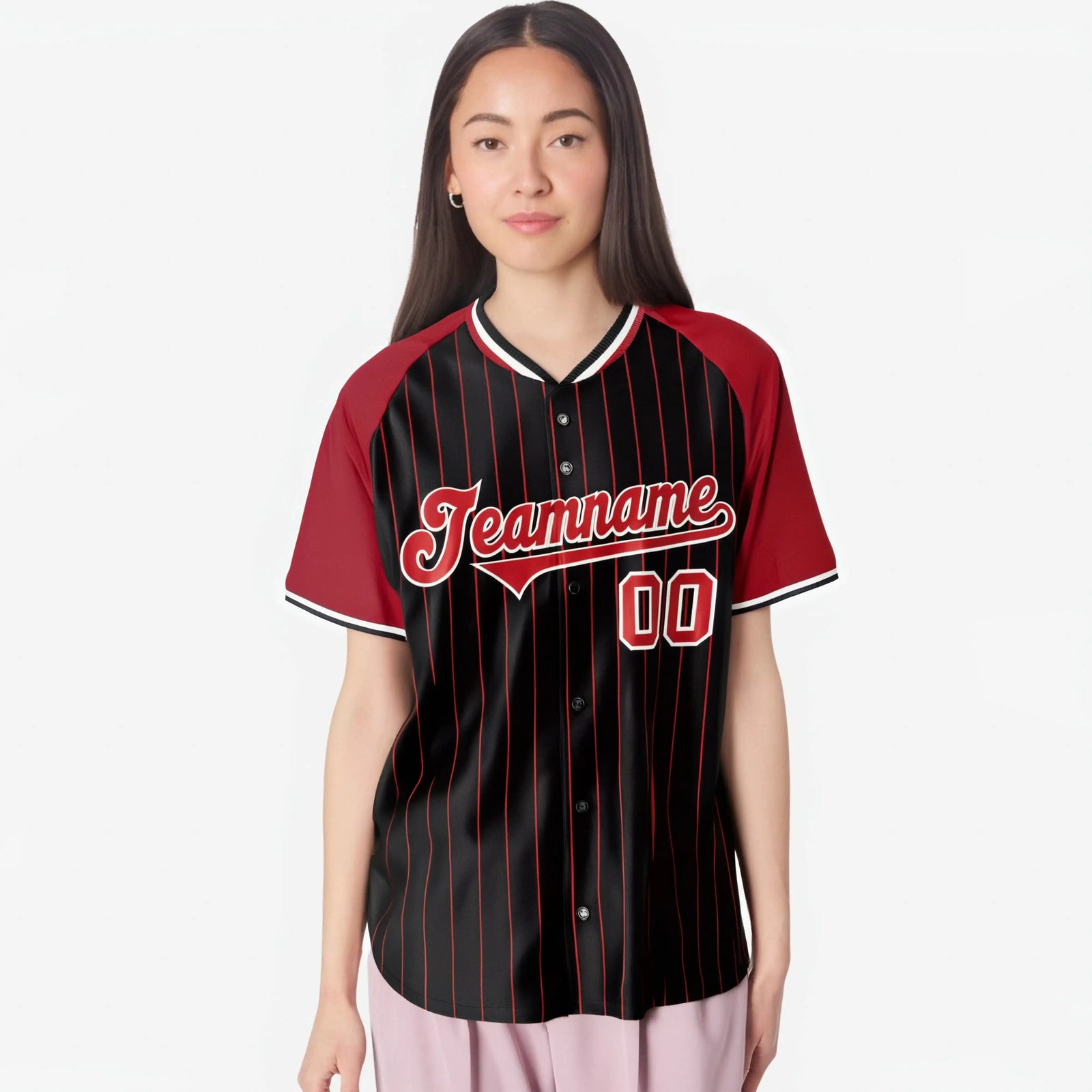 Custom Black Red Pinstripe Red-Black Authentic Raglan Sleeves Baseball Jersey