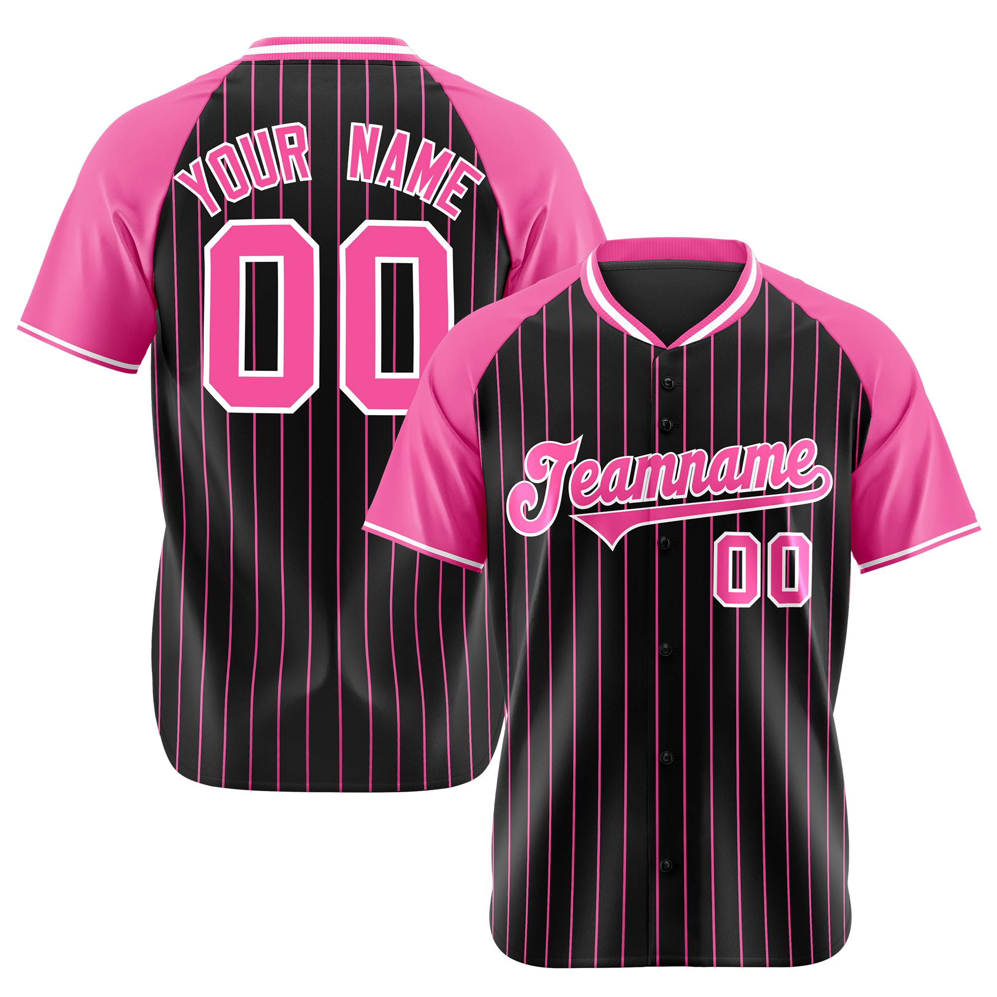 Custom Black Pink Pinstripe Pink-Black Authentic Raglan Sleeves Baseball Jersey