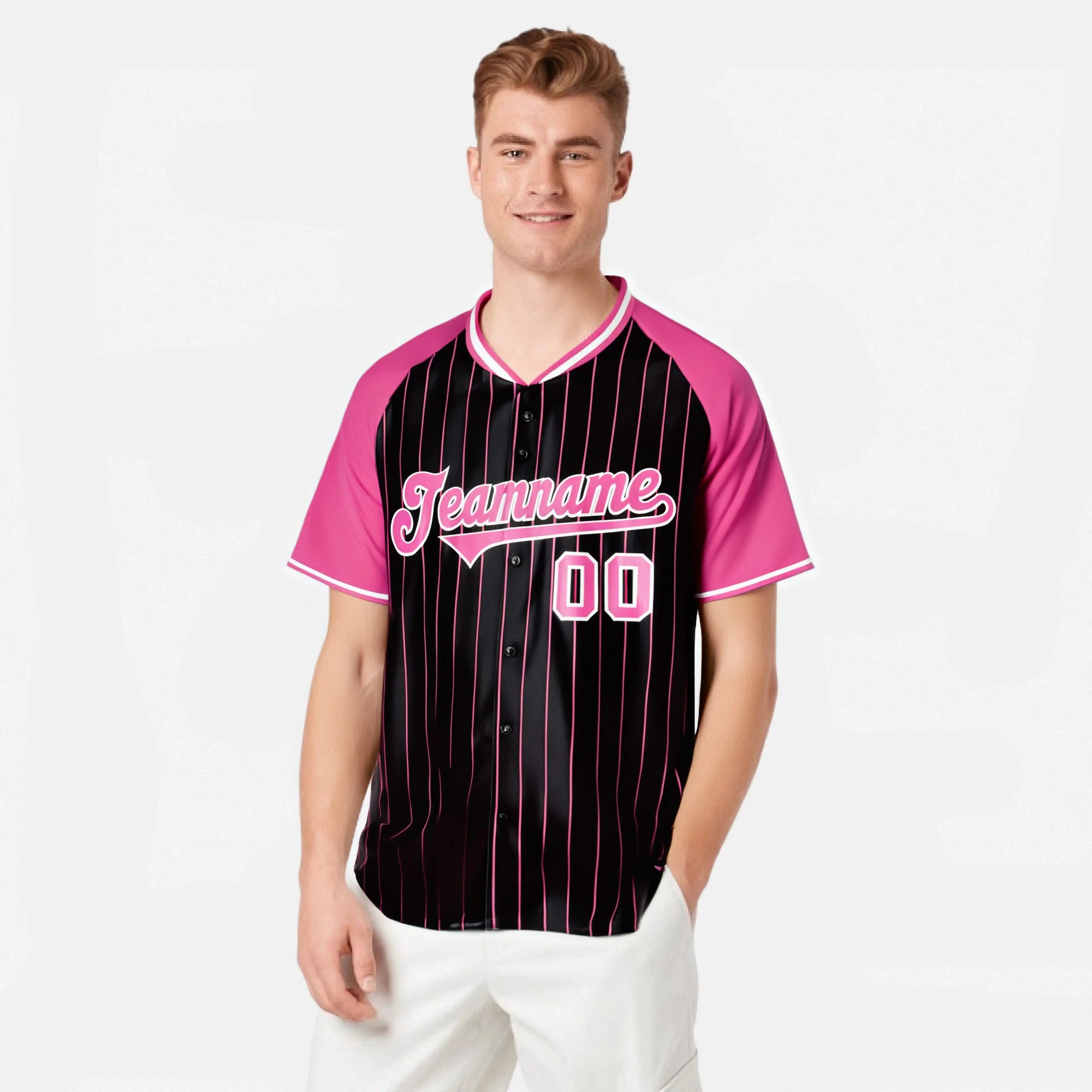 Custom Black Pink Pinstripe Pink-Black Authentic Raglan Sleeves Baseball Jersey