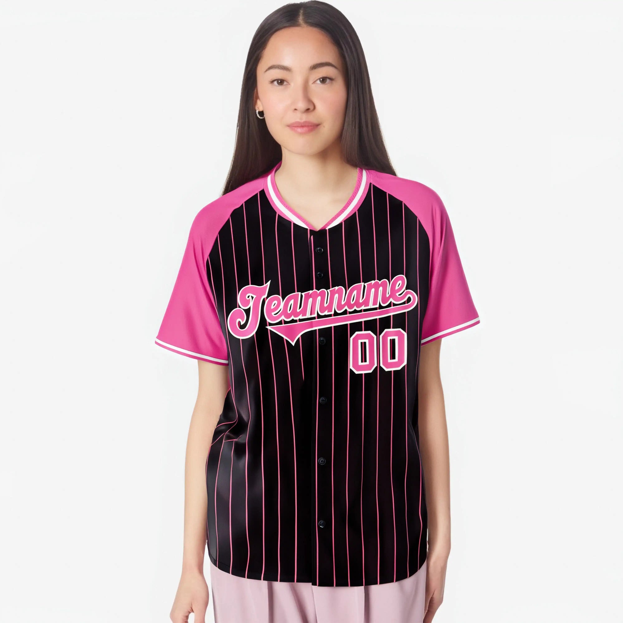 Custom Black Pink Pinstripe Pink-Black Authentic Raglan Sleeves Baseball Jersey