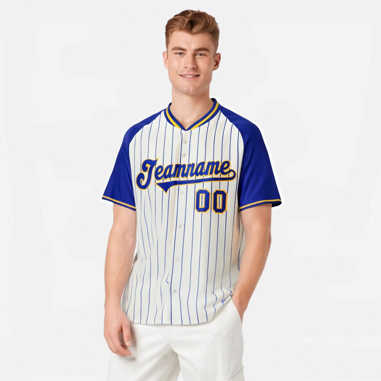 Custom Khaki Blue Pinstripe Authentic Raglan Sleeves Baseball Jersey