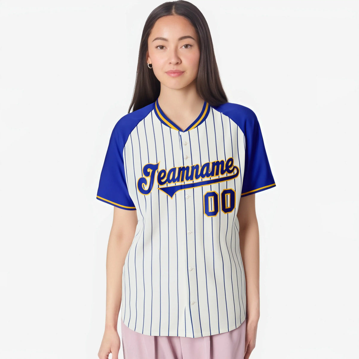 Custom Khaki Blue Pinstripe Authentic Raglan Sleeves Baseball Jersey