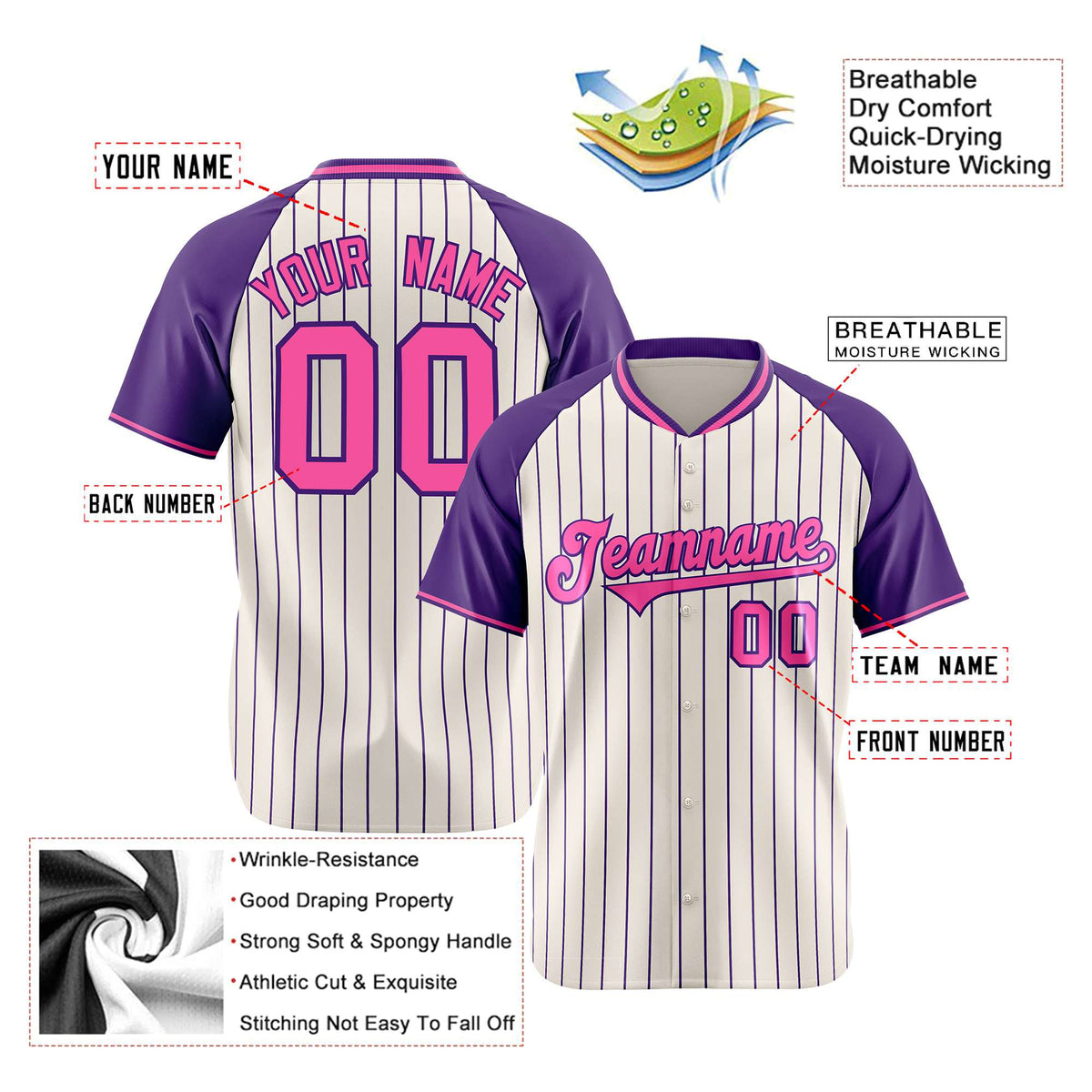 Custom Khaki Purple Pinstripe Authentic Raglan Sleeves Baseball Jersey