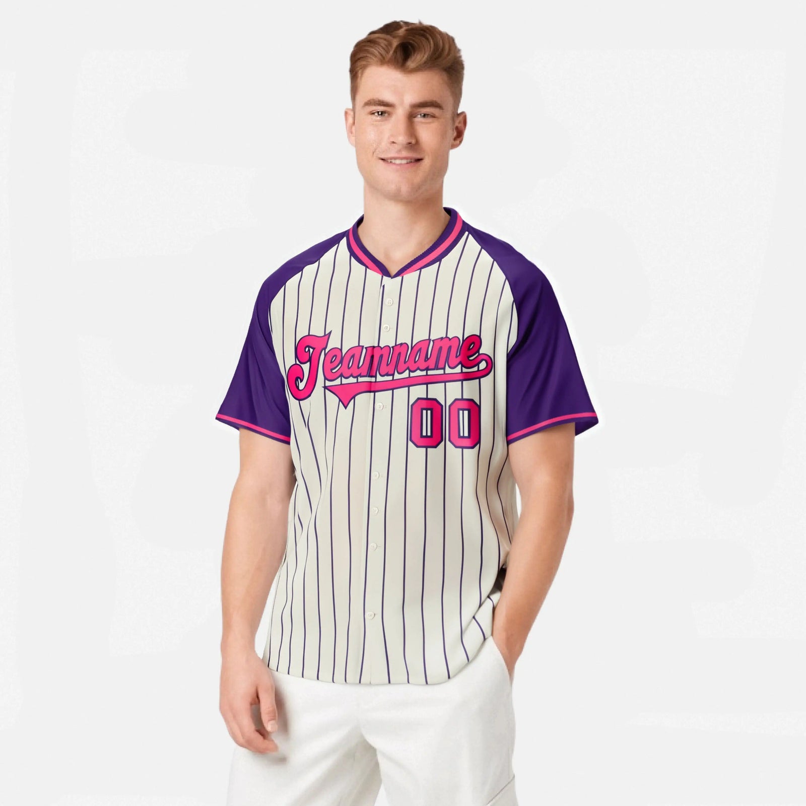 Custom Khaki Purple Pinstripe Authentic Raglan Sleeves Baseball Jersey