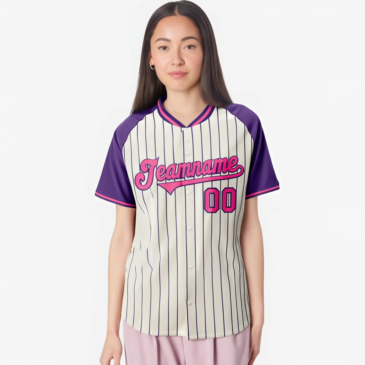 Custom Khaki Purple Pinstripe Authentic Raglan Sleeves Baseball Jersey