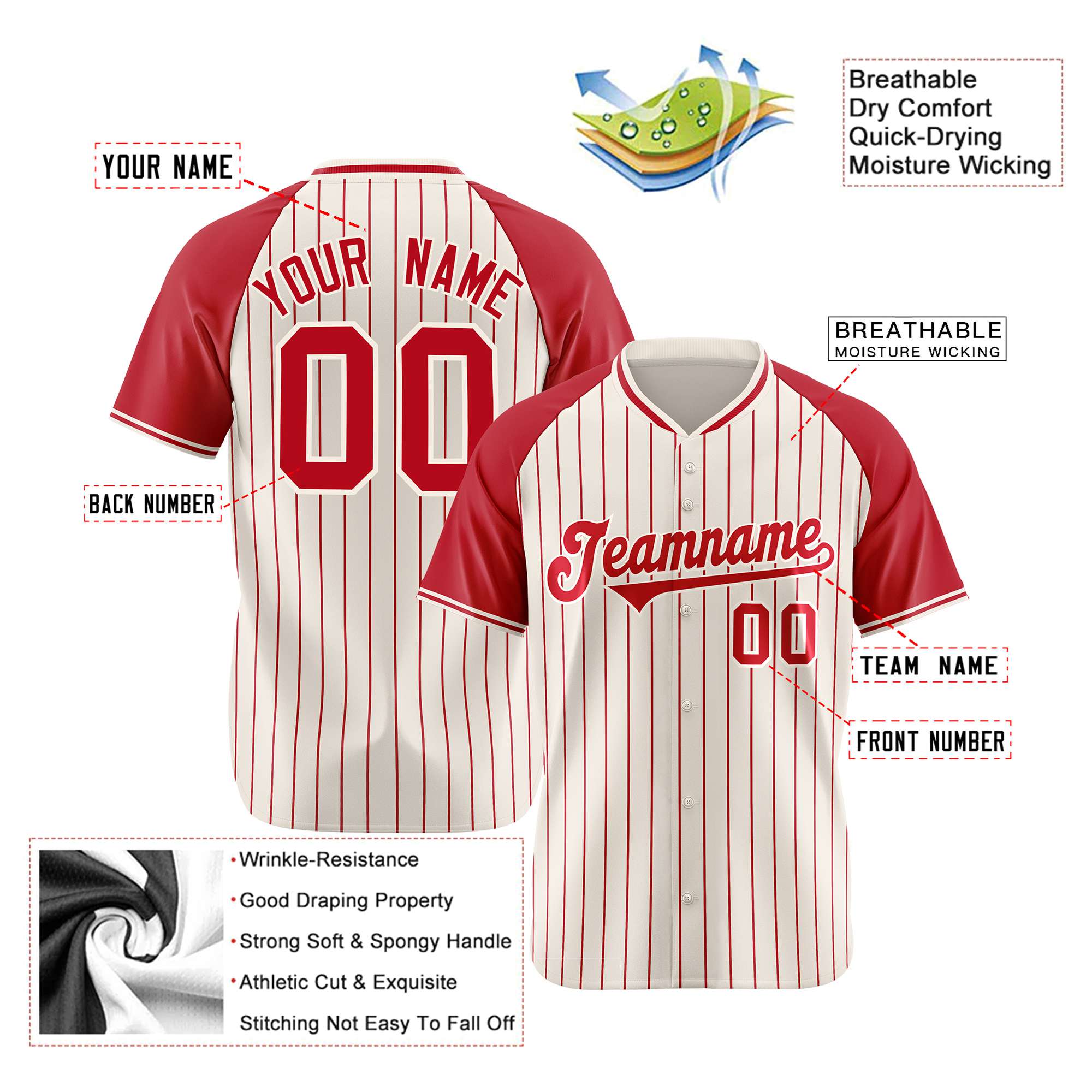 Custom Cream Red Pinstripe Red-Cream Authentic Raglan Sleeves Baseball Jersey