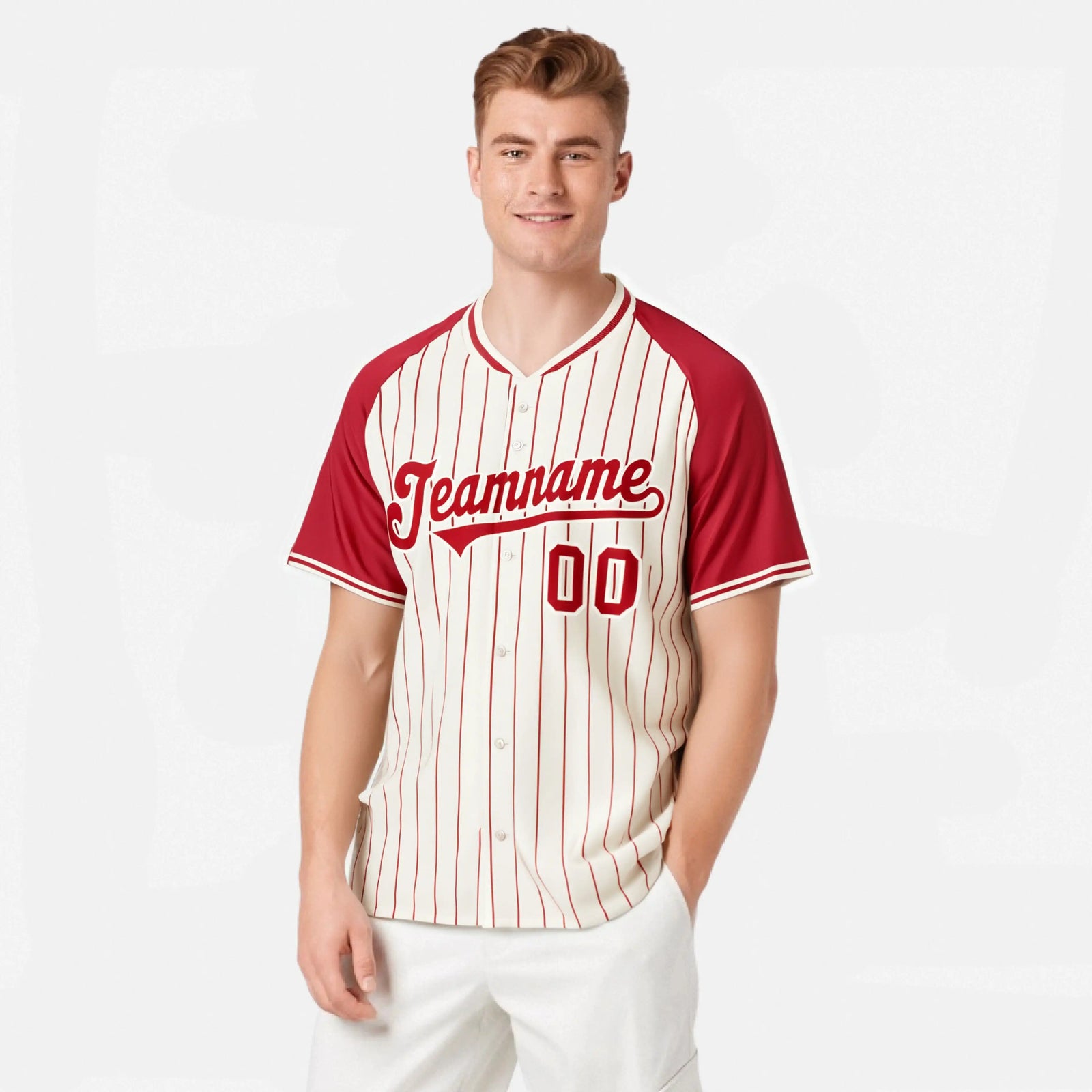 Custom Cream Red Pinstripe Red-Cream Authentic Raglan Sleeves Baseball Jersey