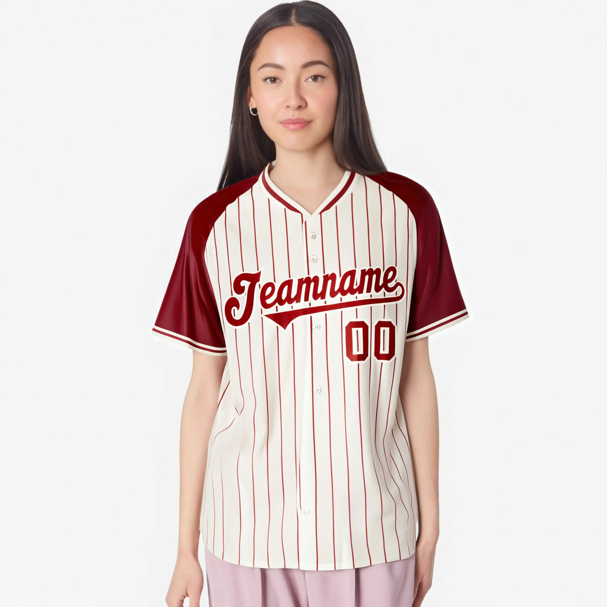 Custom Cream Red Pinstripe Red-Cream Authentic Raglan Sleeves Baseball Jersey
