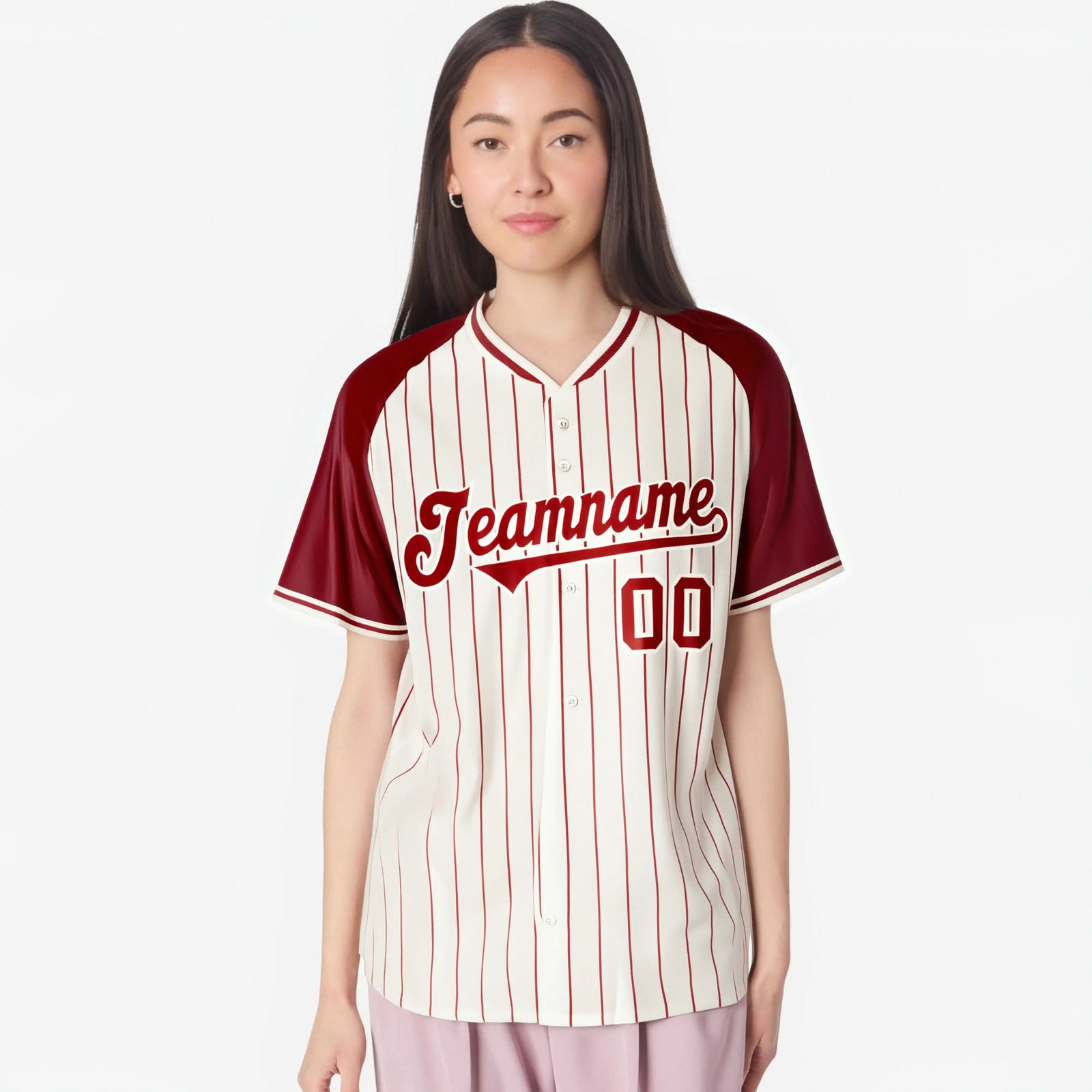 Custom Cream Red Pinstripe Red-Cream Authentic Raglan Sleeves Baseball Jersey
