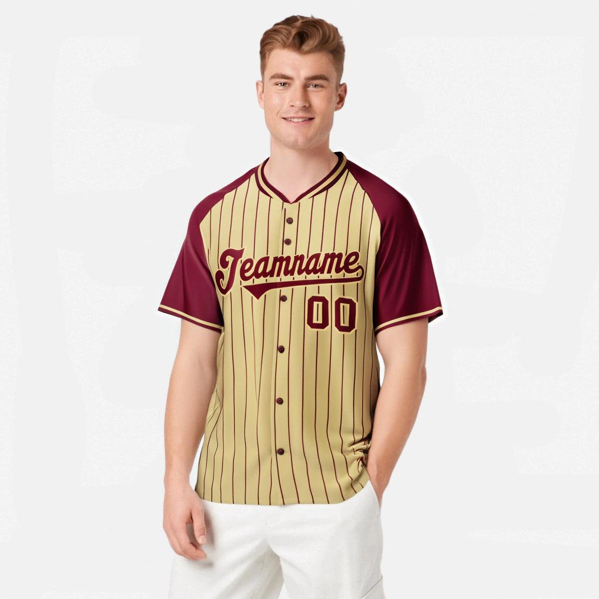Custom Khaki Crimson Pinstripe Authentic Raglan Sleeves Baseball Jersey
