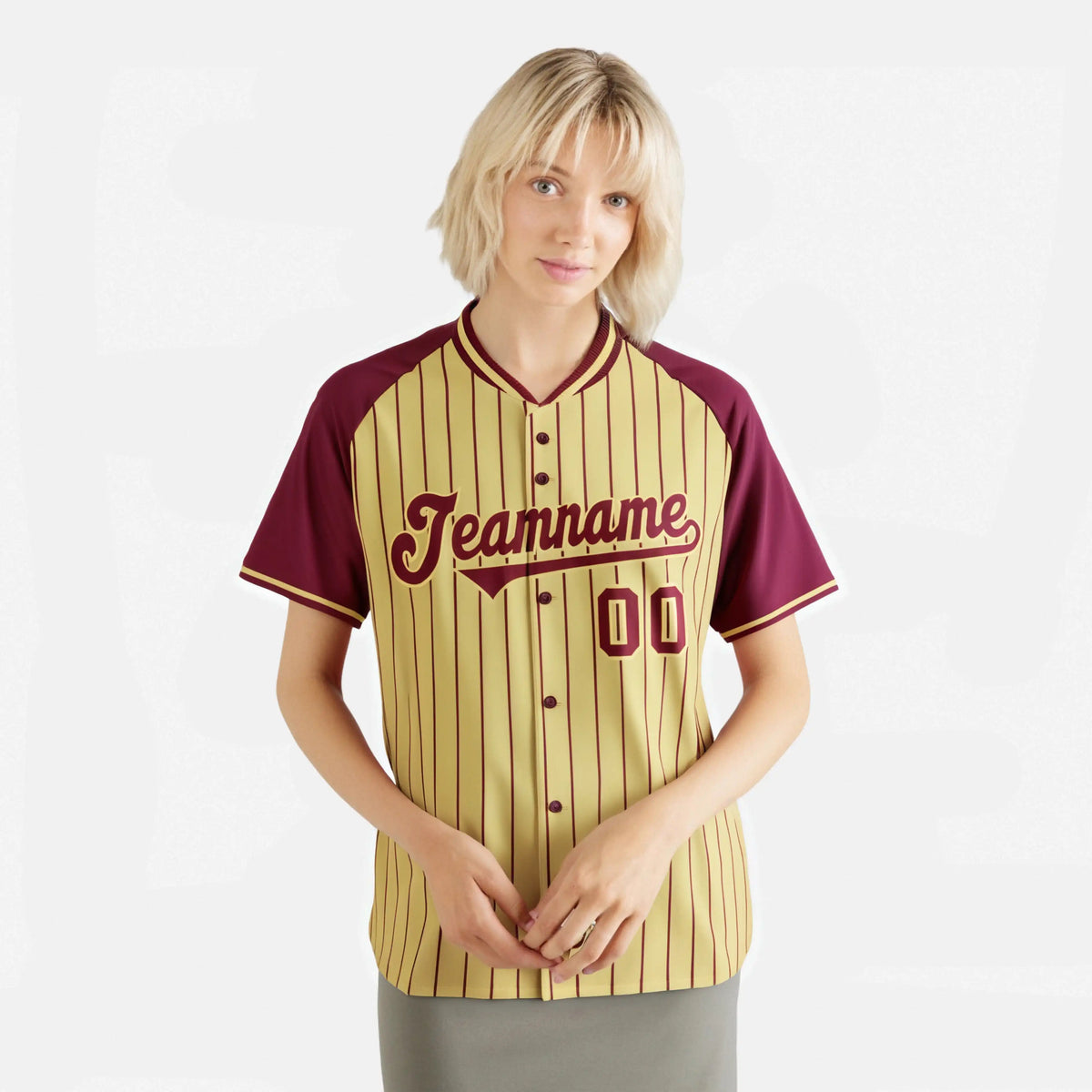 Custom Khaki Crimson Pinstripe Authentic Raglan Sleeves Baseball Jersey