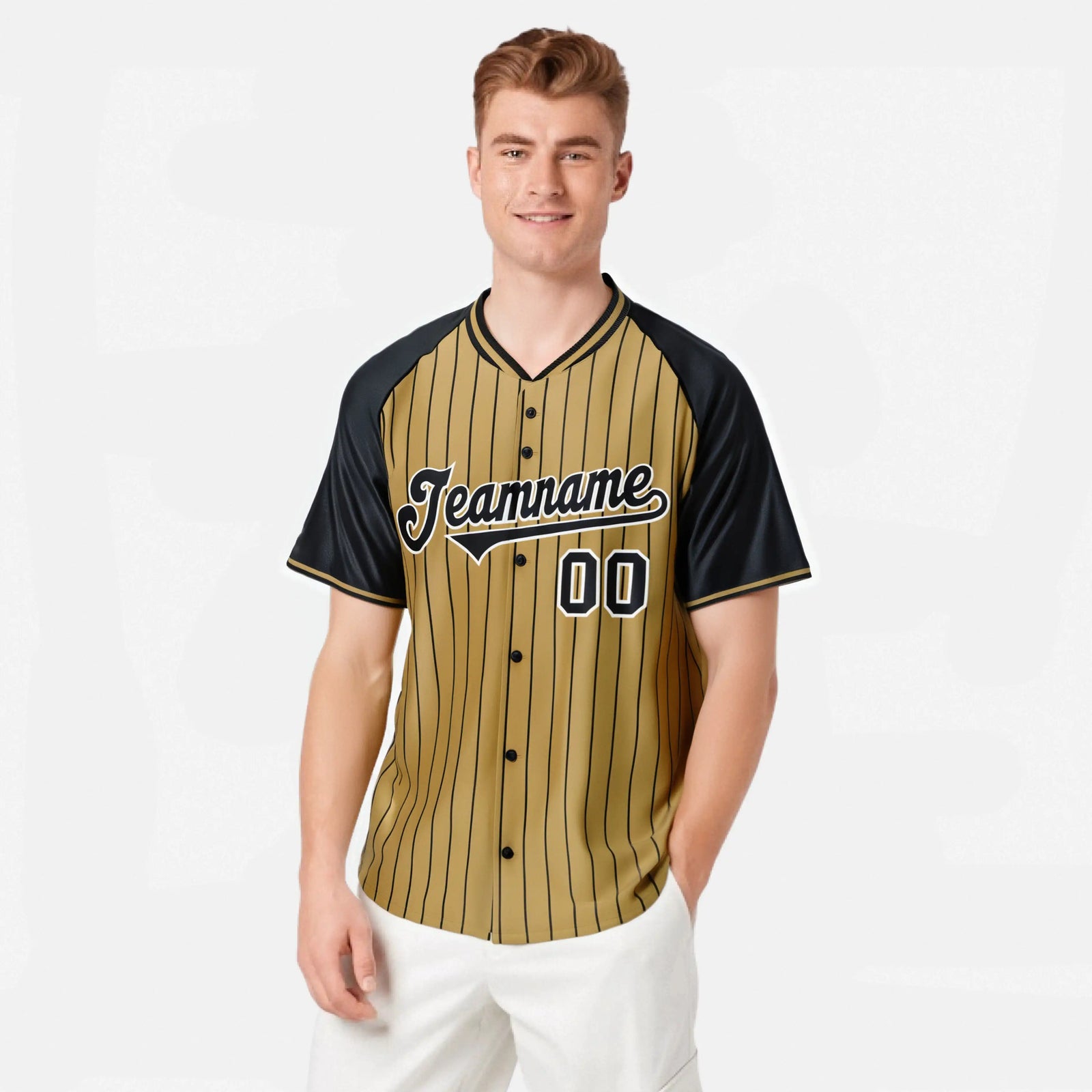 Custom Old Gold-Black Pinstripe Black Old-Gold Authentic Raglan Sleeves Baseball Jersey