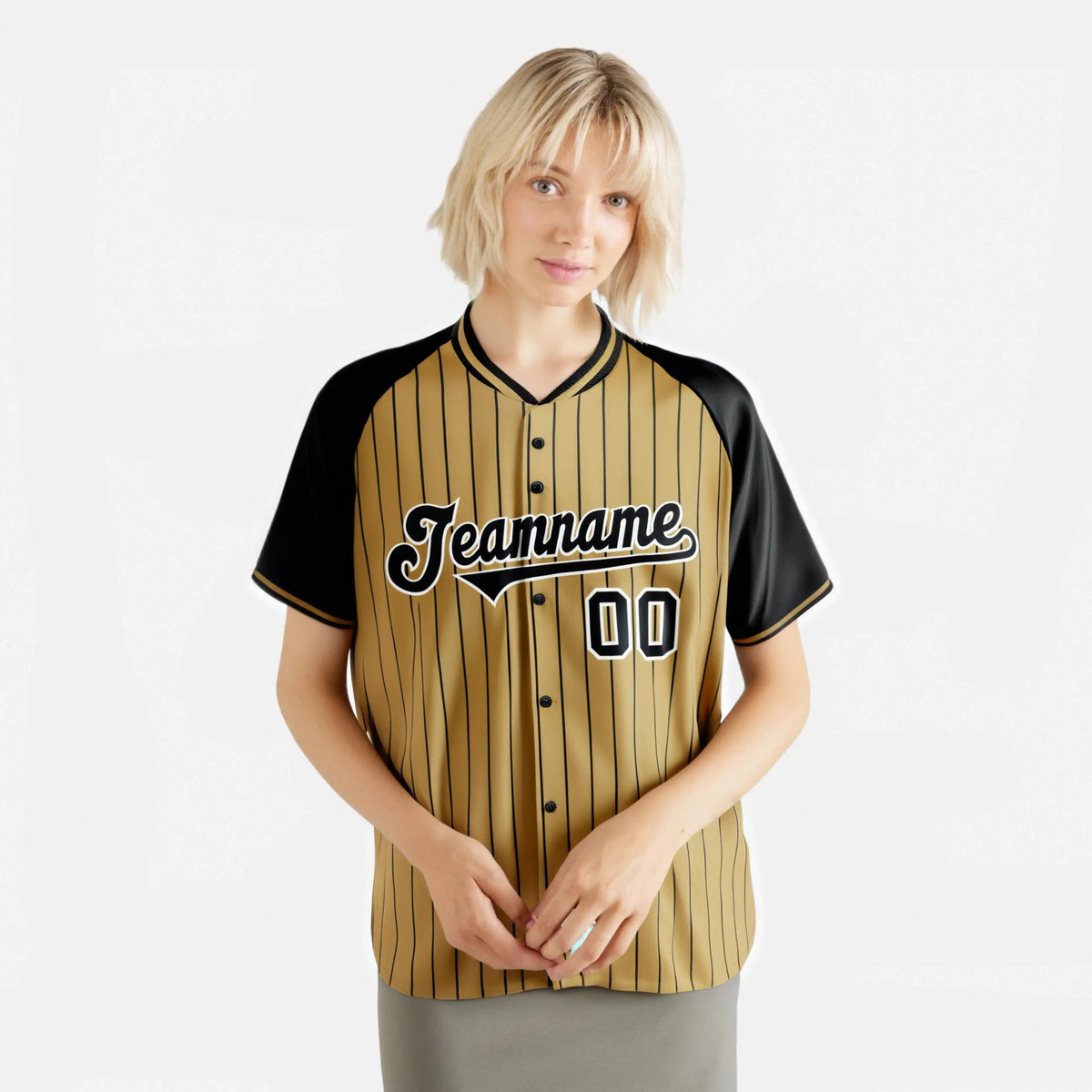 Custom Old Gold-Black Pinstripe Black Old-Gold Authentic Raglan Sleeves Baseball Jersey