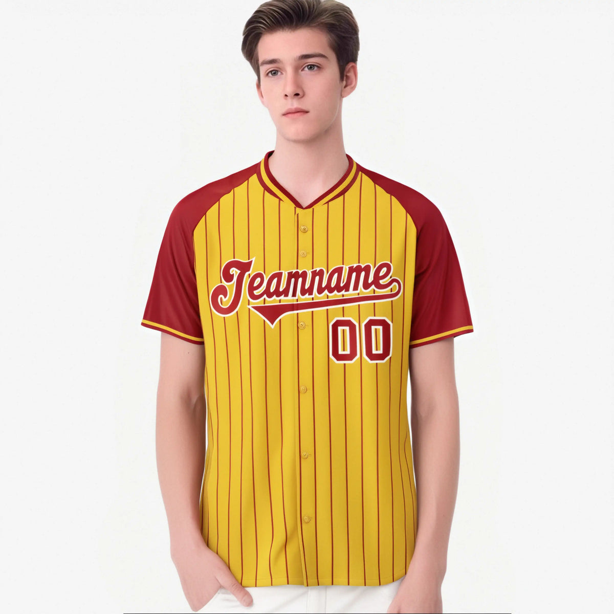 Custom Yellow Red Pinstripe Red-Yellow Authentic Raglan Sleeves Baseball Jersey