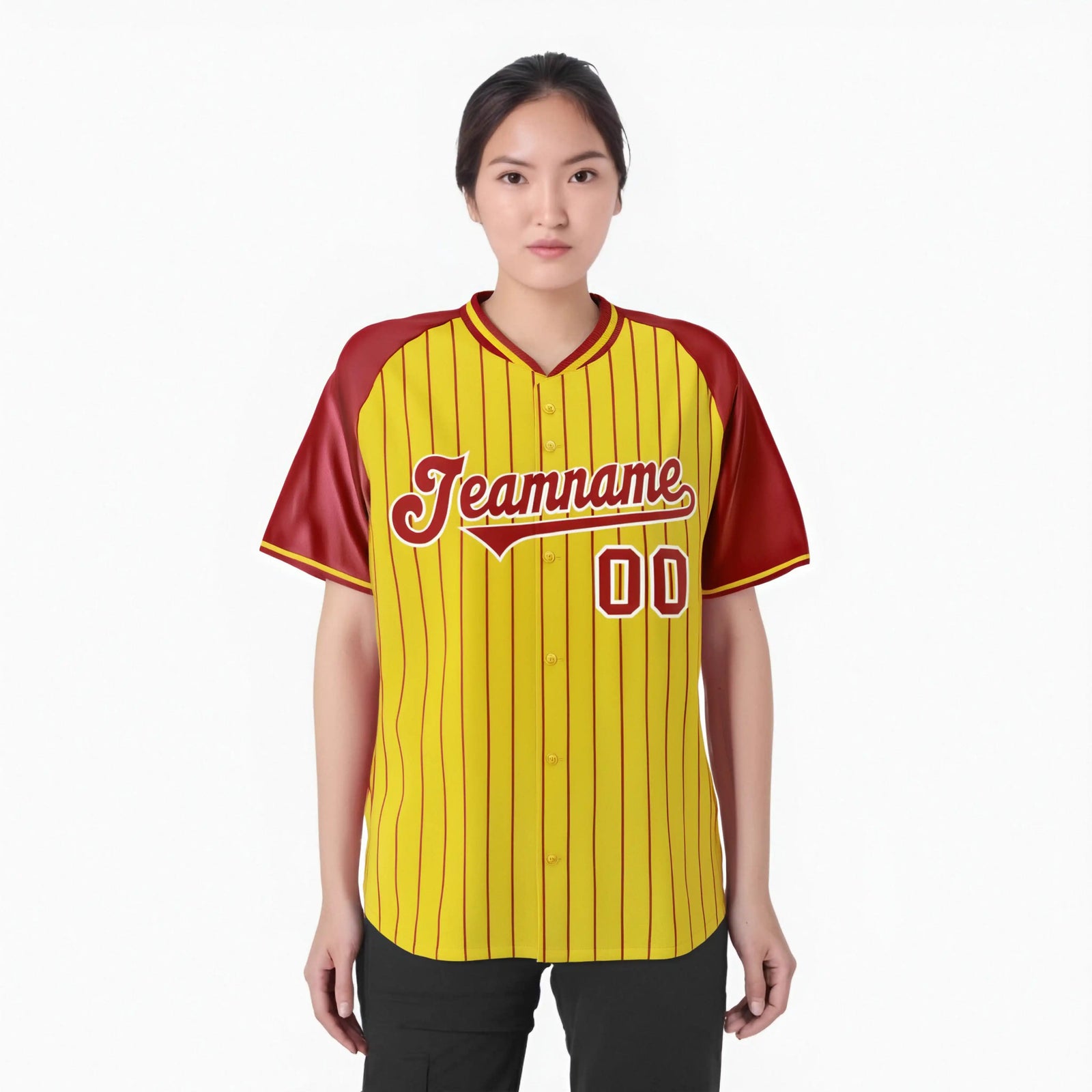 Custom Yellow Red Pinstripe Red-Yellow Authentic Raglan Sleeves Baseball Jersey