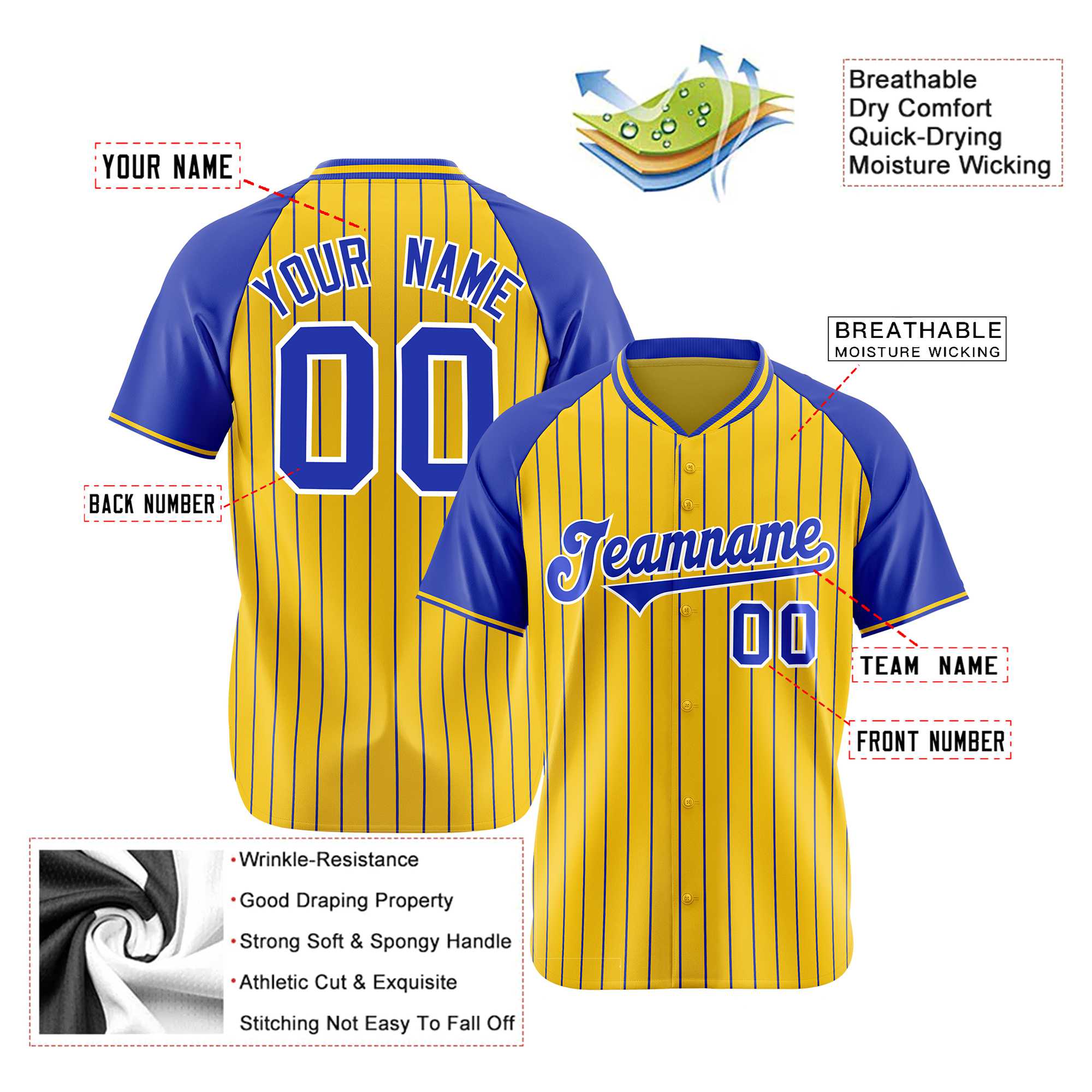 Custom Gold-Royal Blue Pinstripe Authentic Raglan Sleeves Baseball Jersey