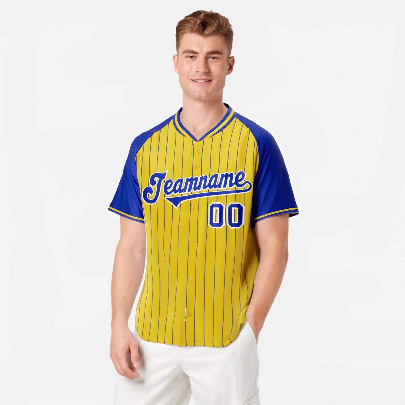 Custom Gold-Royal Blue Pinstripe Authentic Raglan Sleeves Baseball Jersey