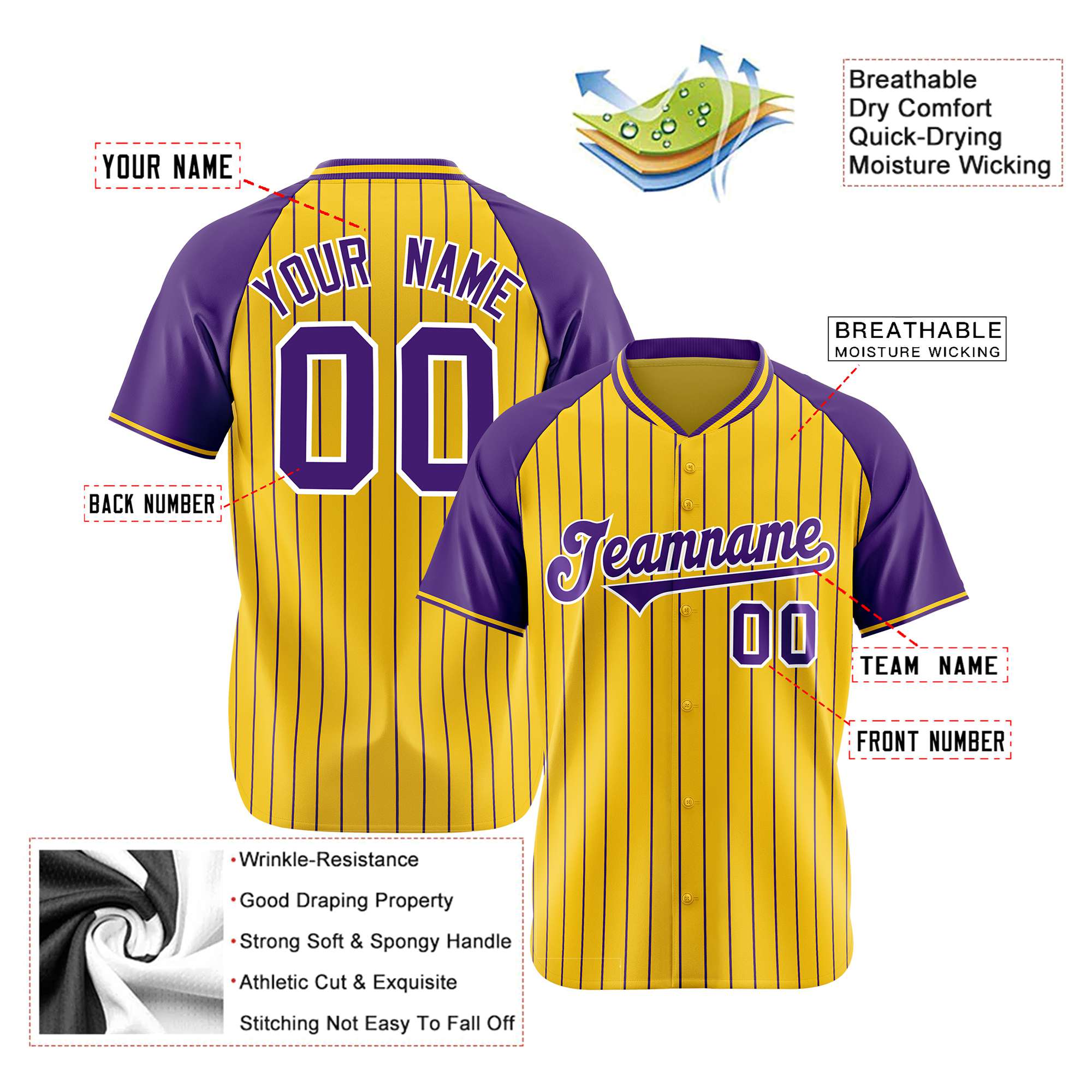 Custom Gold Purple Pinstripe Purple Gold Authentic Raglan Sleeves Baseball Jersey