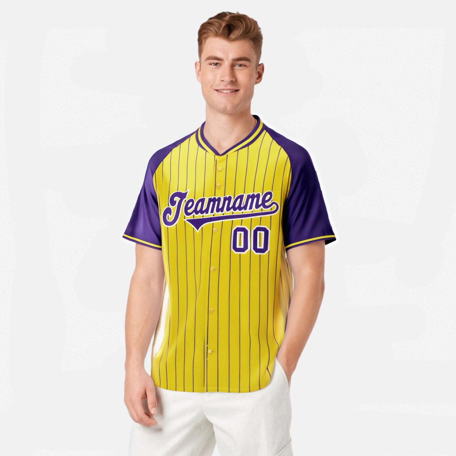 Custom Gold Purple Pinstripe Purple Gold Authentic Raglan Sleeves Baseball Jersey
