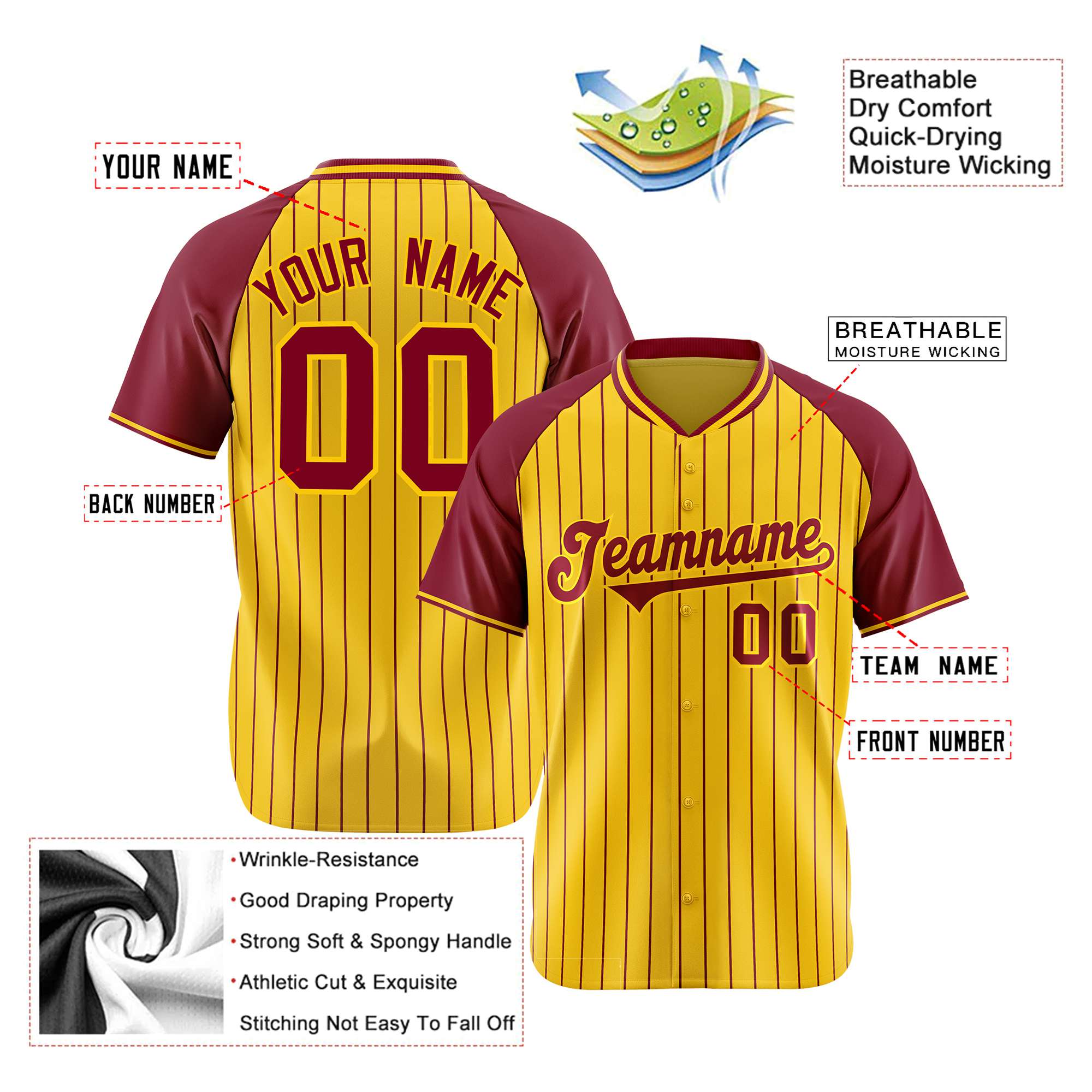 Custom Gold Crimson Pinstripe Gold Crimson Authentic Raglan Sleeves Baseball Jersey