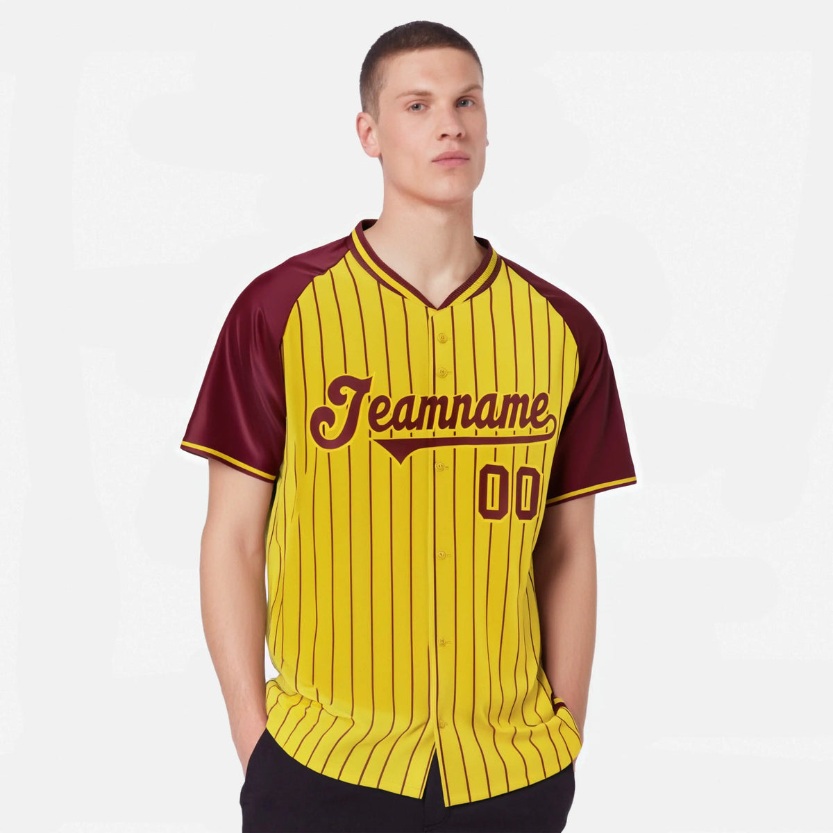 Custom Gold Crimson Pinstripe Gold Crimson Authentic Raglan Sleeves Baseball Jersey