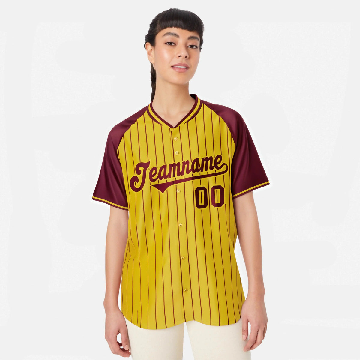 Custom Gold Crimson Pinstripe Gold Crimson Authentic Raglan Sleeves Baseball Jersey