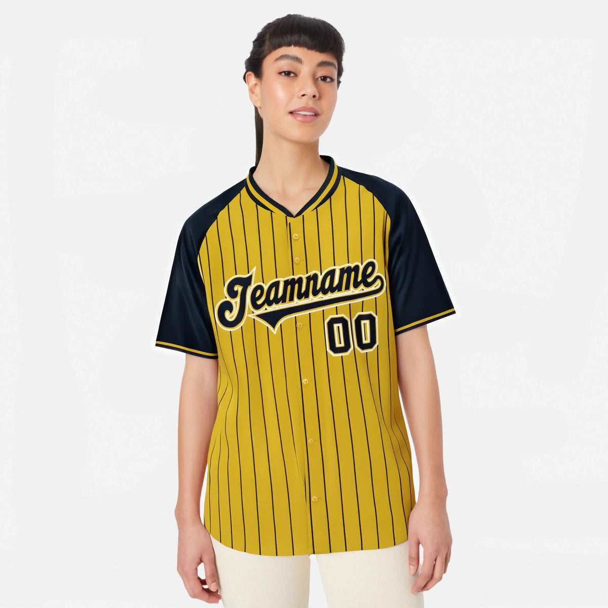 Custom Gold Navy Pinstripe Navy Gold Authentic Raglan Sleeves Baseball Jersey