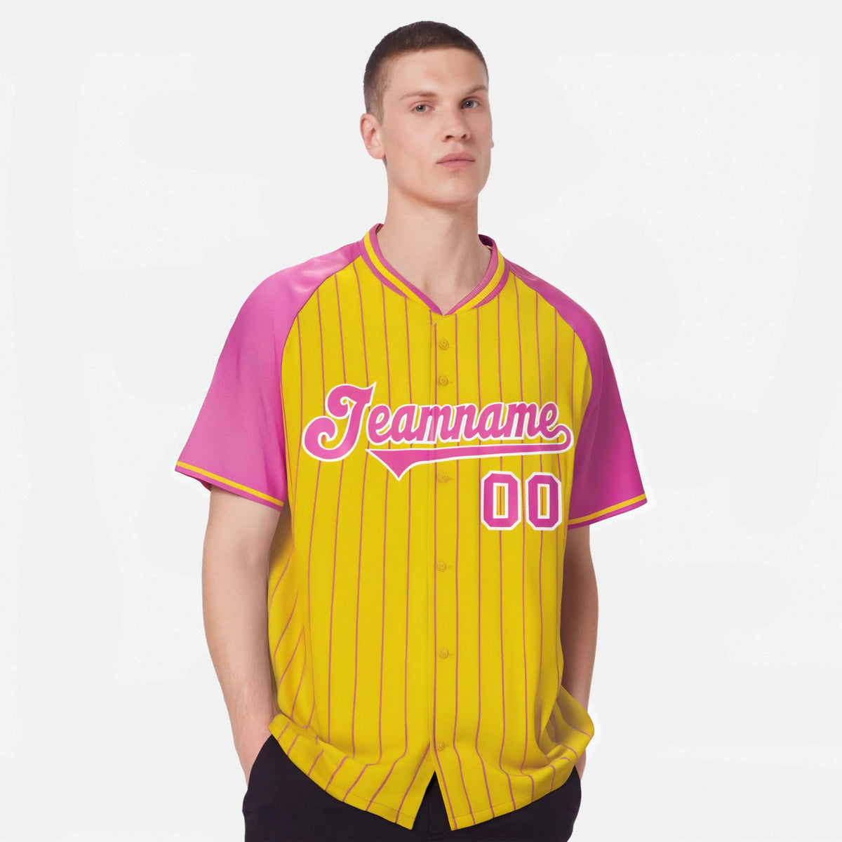 Custom Gold Pink Pinstripe Gold Pink Authentic Raglan Sleeves Baseball Jersey