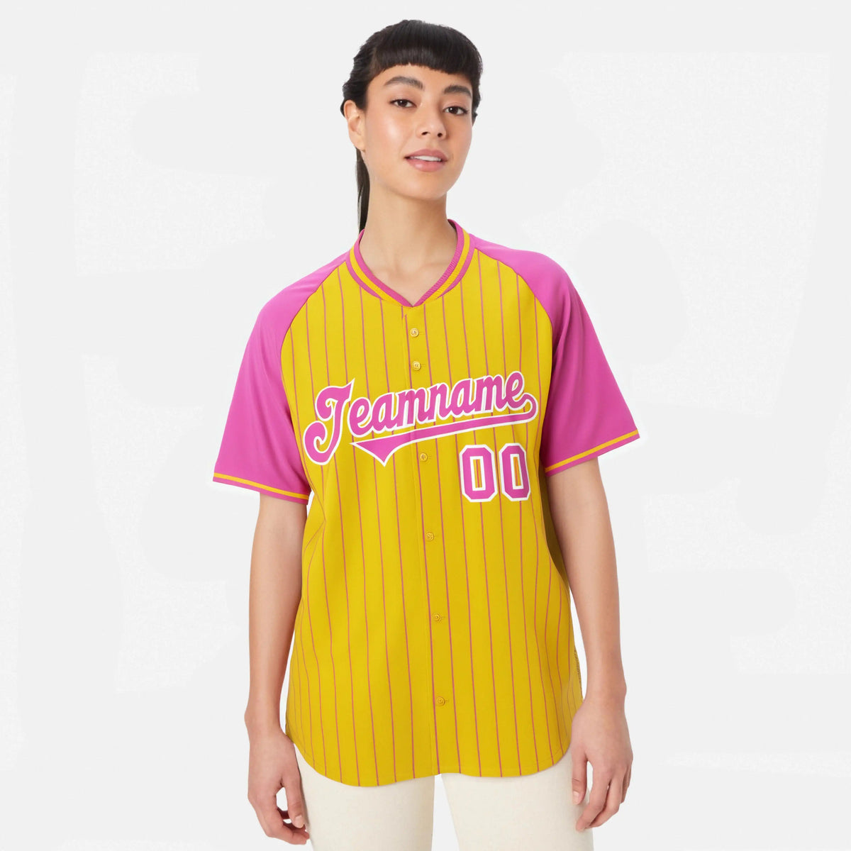 Custom Gold Pink Pinstripe Gold Pink Authentic Raglan Sleeves Baseball Jersey