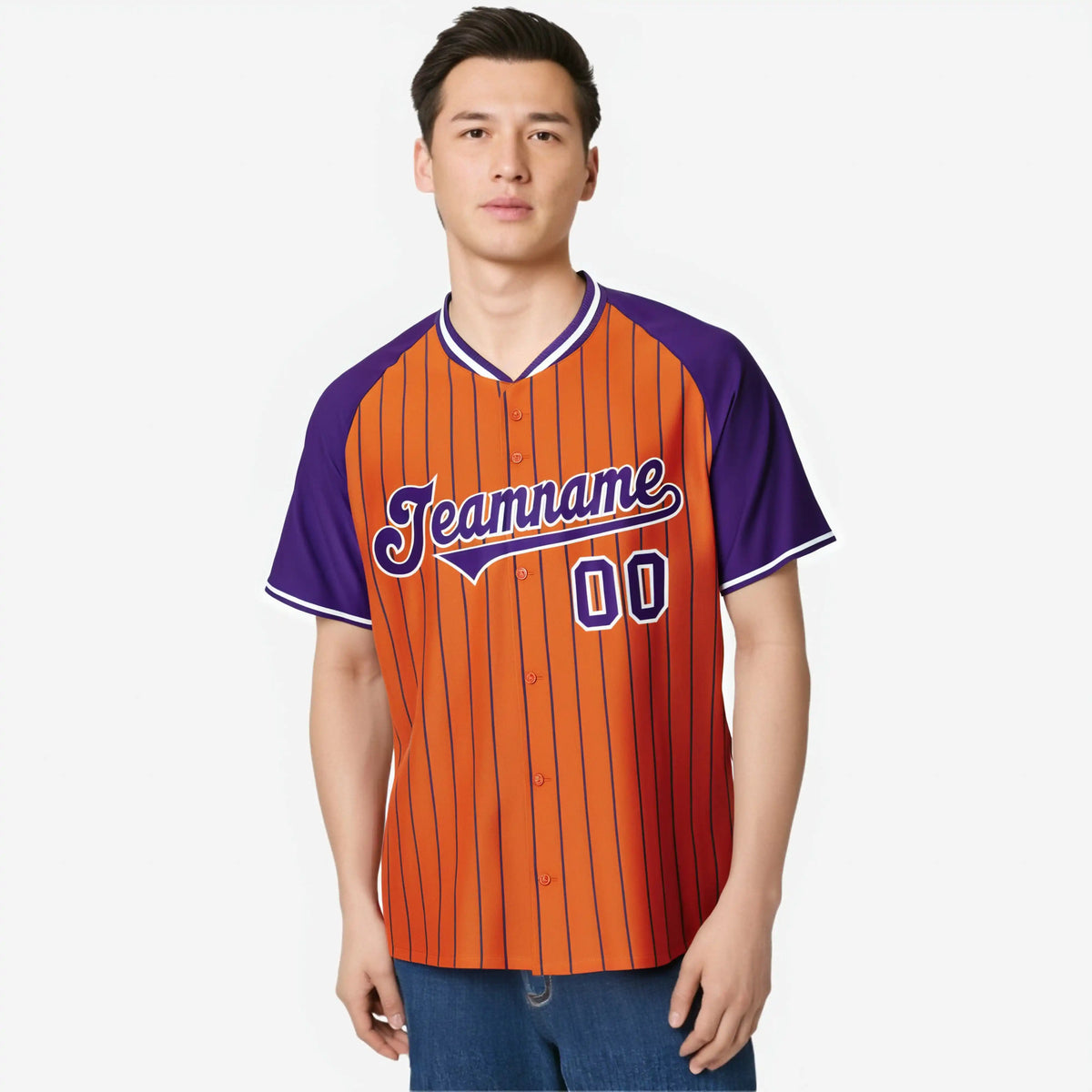 Custom Orange Purple Pinstripe Purple-Orange Authentic Raglan Sleeves Baseball Jersey