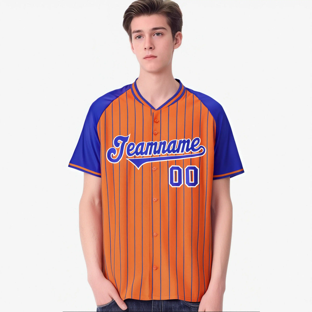 Custom Orange-Royal Blue Pinstripe Authentic Raglan Sleeves Baseball Jersey