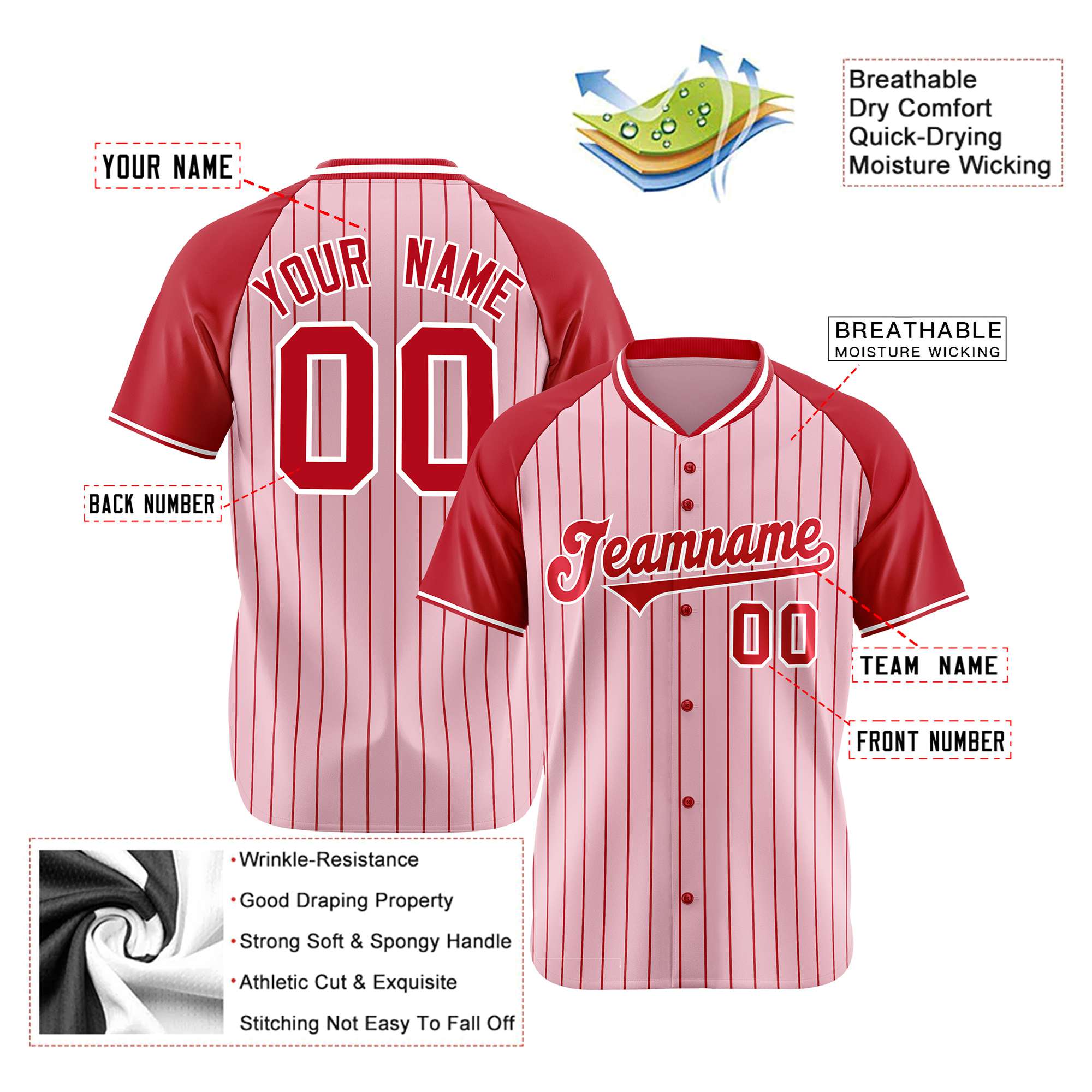 Custom Pink Red Pinstripe Red-Pink Authentic Raglan Sleeves Baseball Jersey