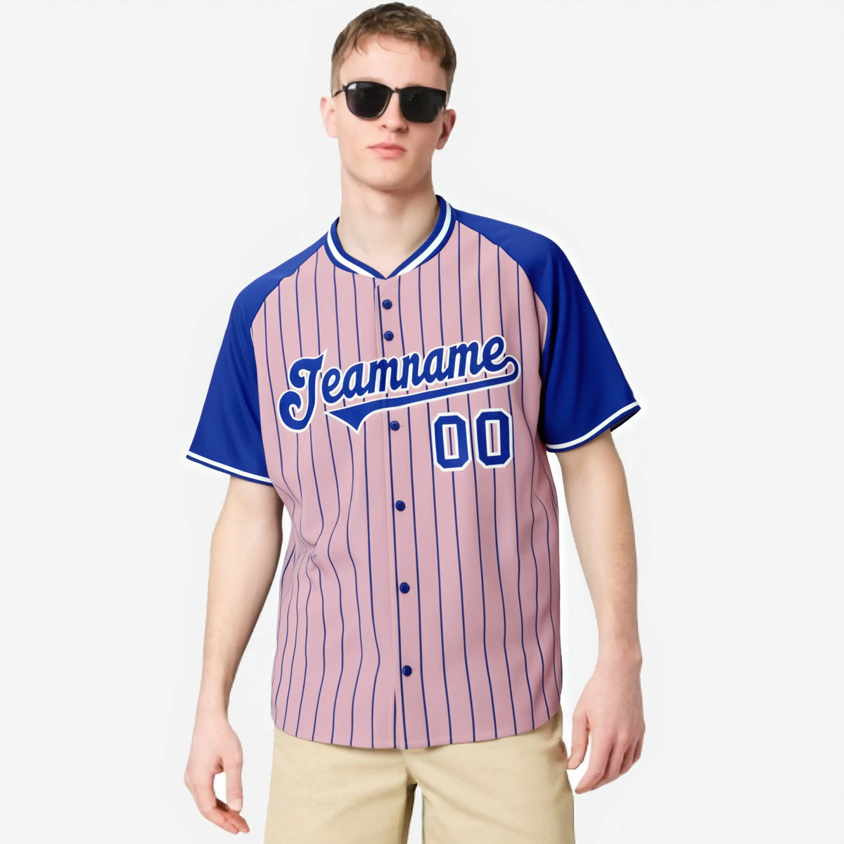 Custom Pink-Royal Blue Pinstripe Authentic Raglan Sleeves Baseball Jersey