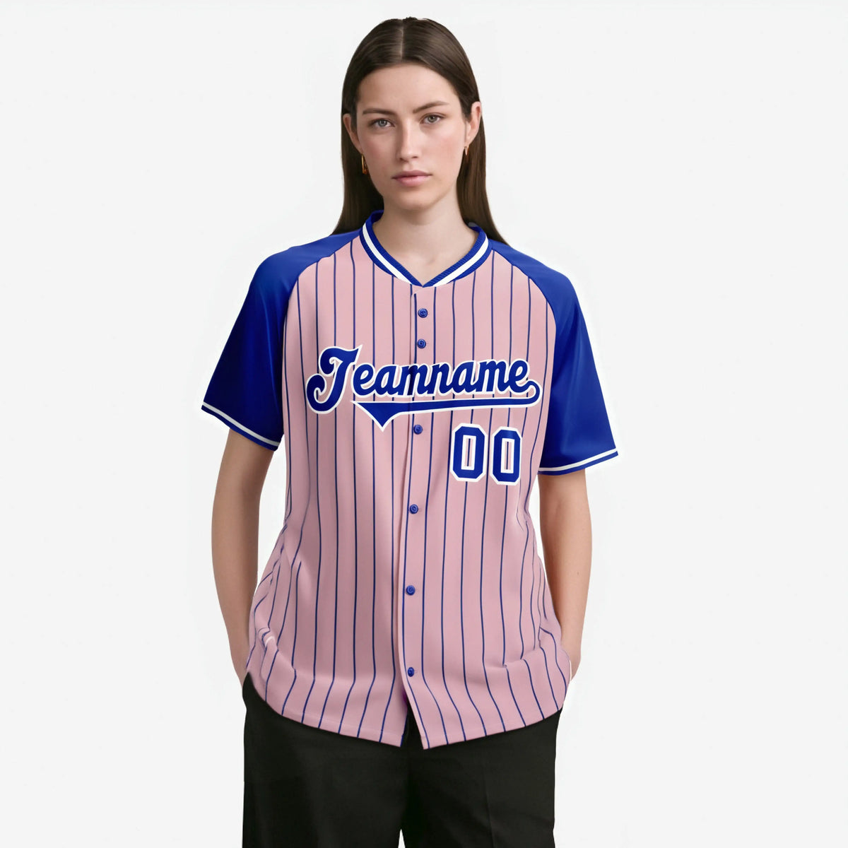 Custom Pink-Royal Blue Pinstripe Authentic Raglan Sleeves Baseball Jersey