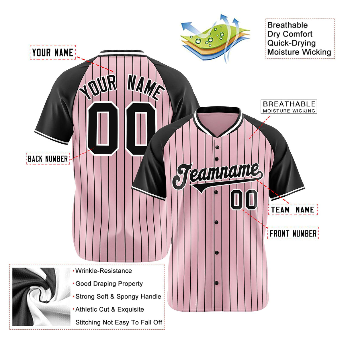 Custom Pink Black Pinstripe Black-Pink Authentic Raglan Sleeves Baseball Jersey