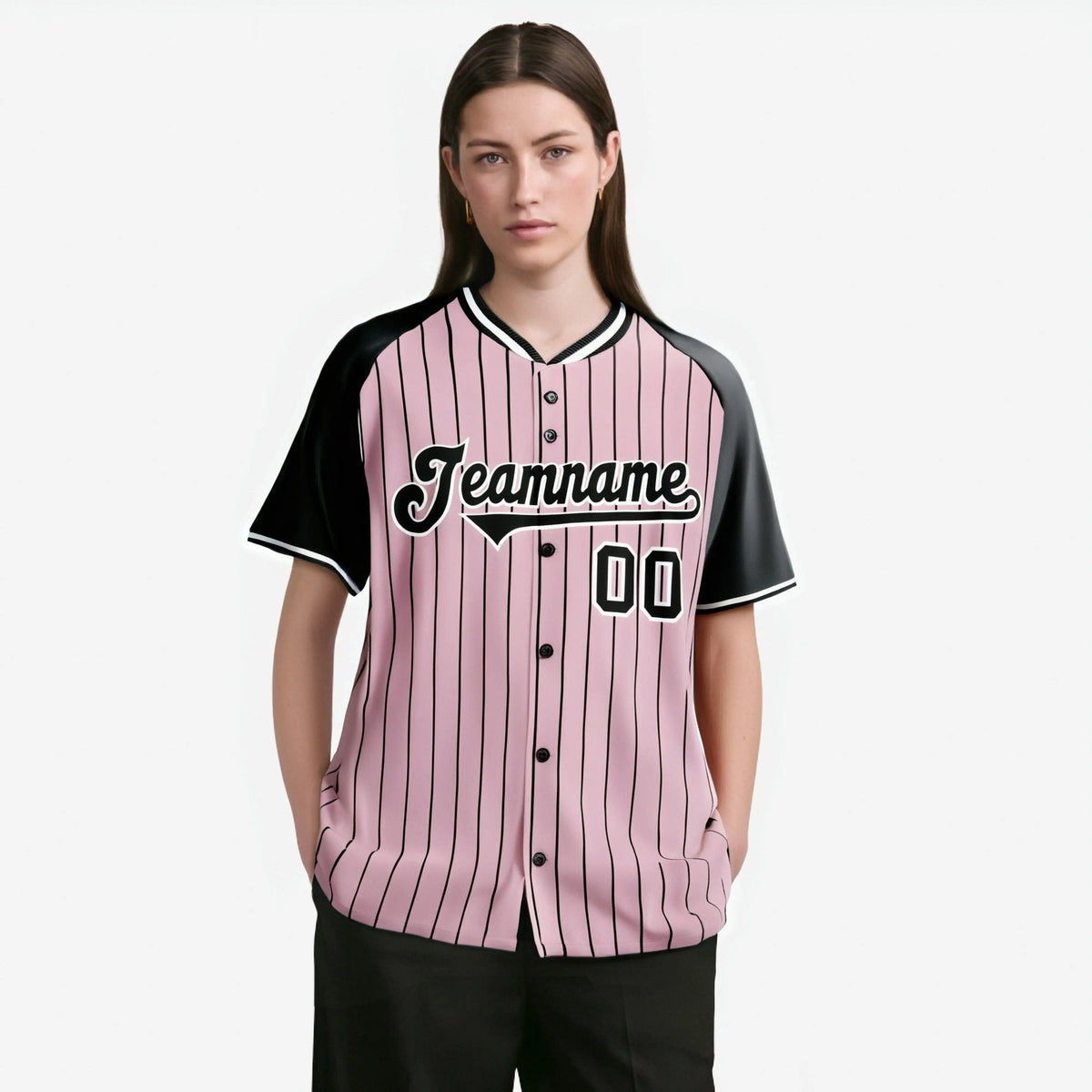 Custom Pink Black Pinstripe Black-Pink Authentic Raglan Sleeves Baseball Jersey