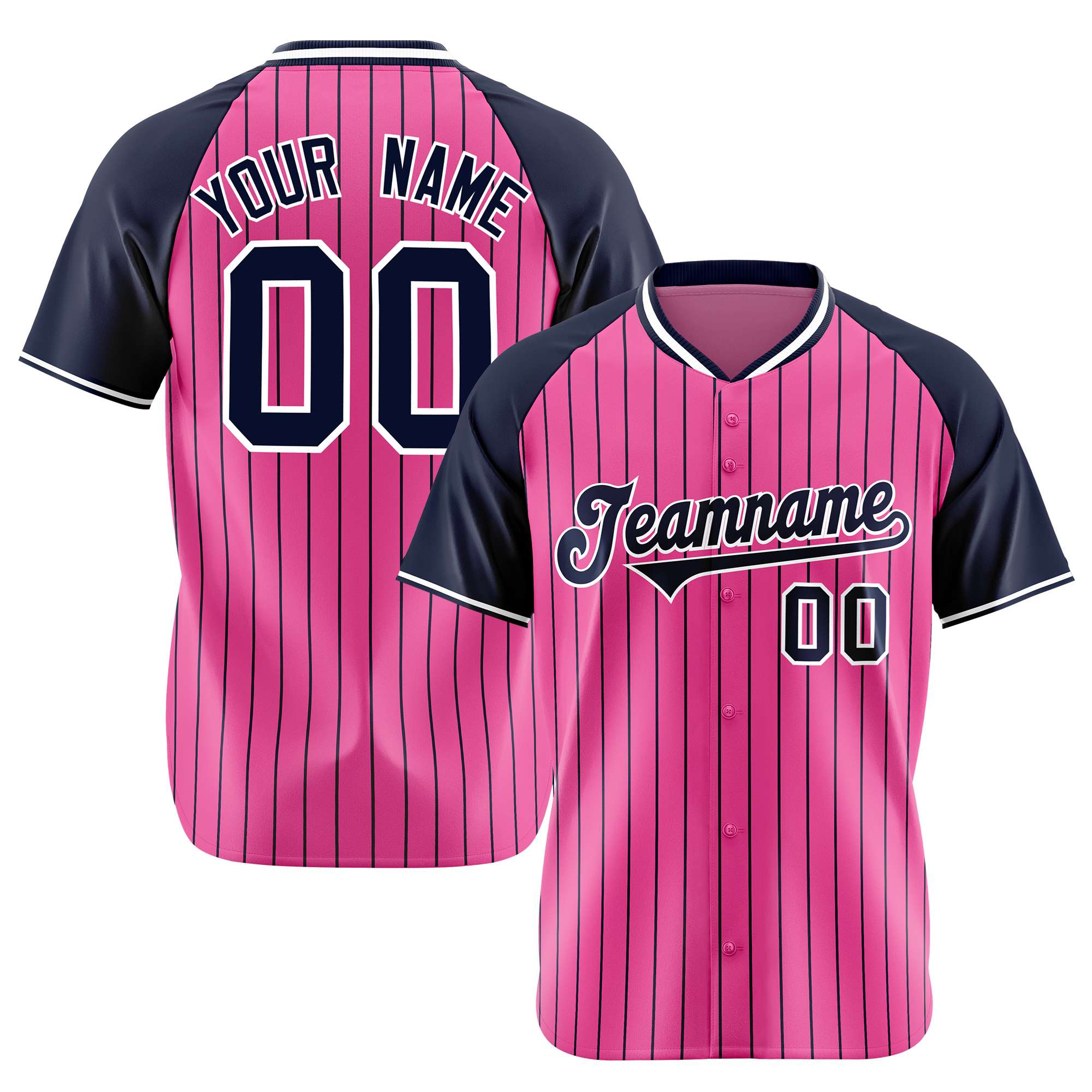 Custom Pink Navy Pinstripe Navy-Pink Authentic Raglan Sleeves Baseball Jersey