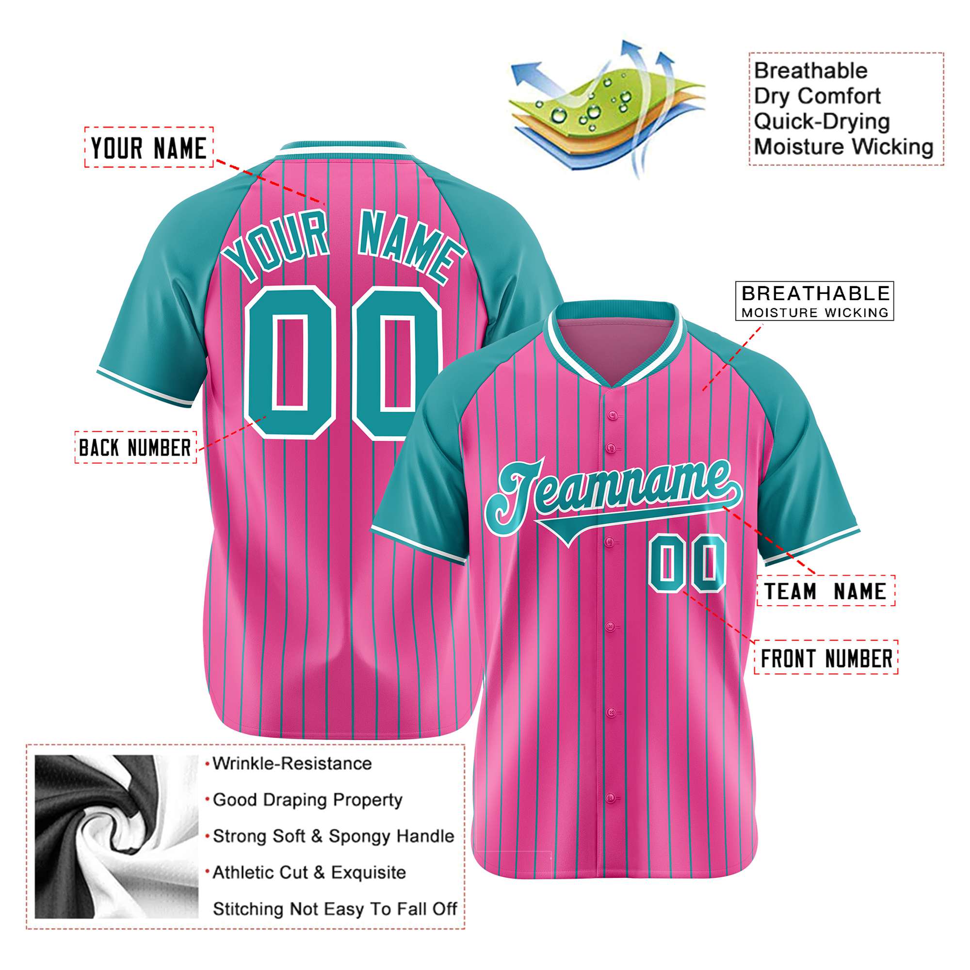 Custom Pink Aqua Pinstripe Aqua-Pink Authentic Raglan Sleeves Baseball Jersey