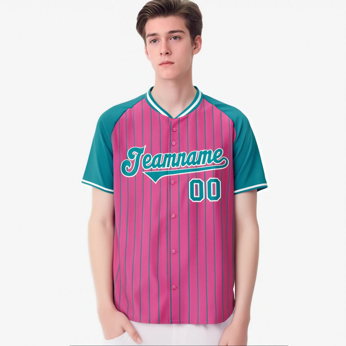 Custom Pink Aqua Pinstripe Aqua-Pink Authentic Raglan Sleeves Baseball Jersey