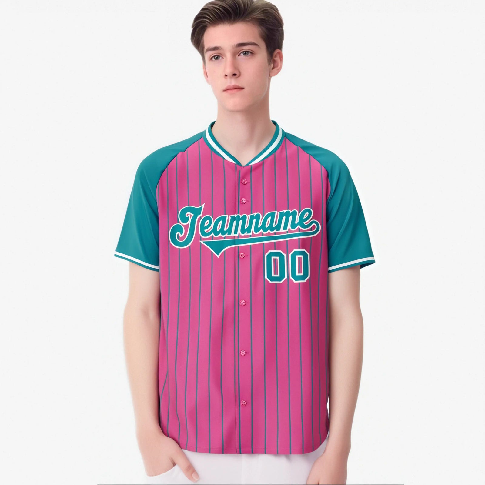 Custom Pink Aqua Pinstripe Aqua-Pink Authentic Raglan Sleeves Baseball Jersey