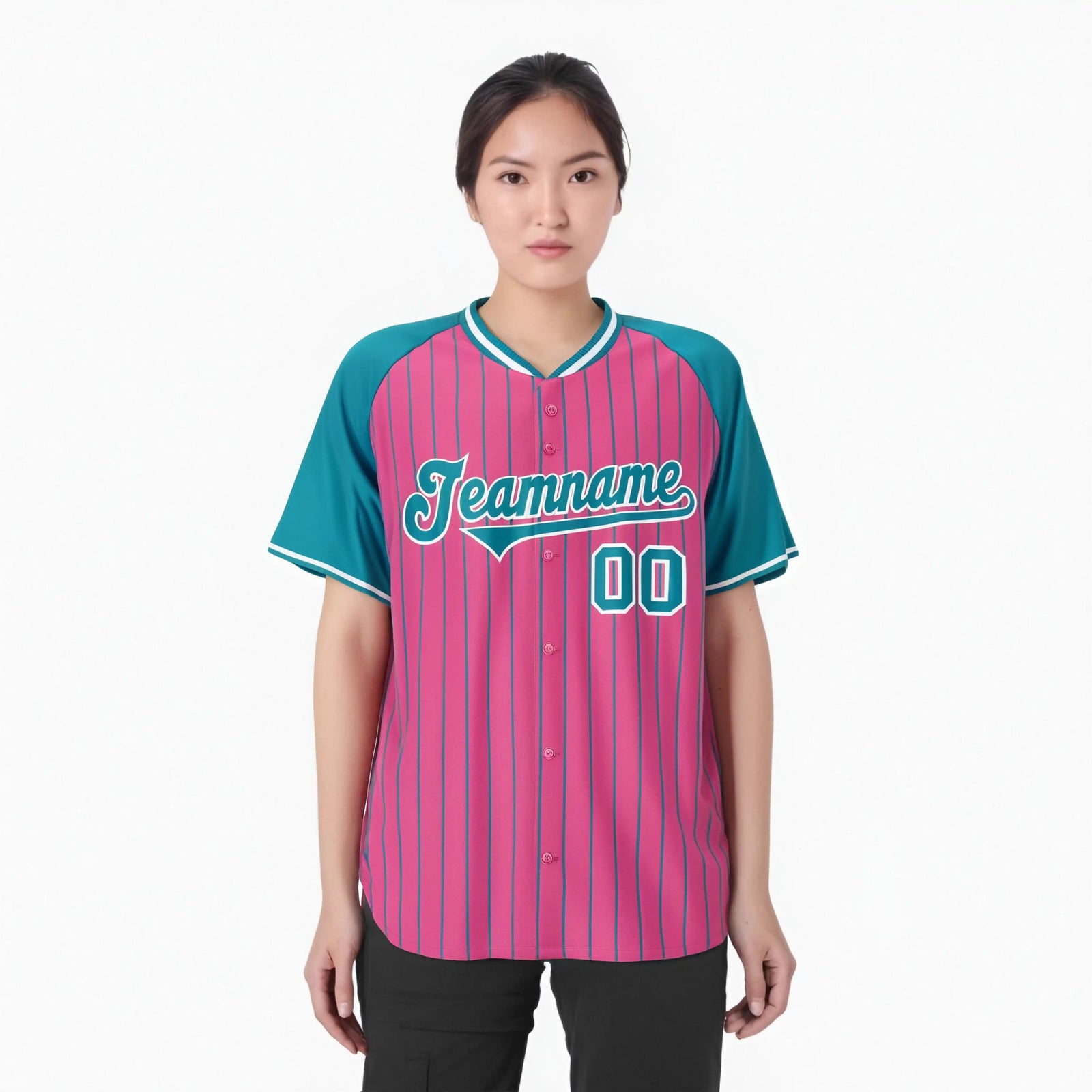 Custom Pink Aqua Pinstripe Aqua-Pink Authentic Raglan Sleeves Baseball Jersey