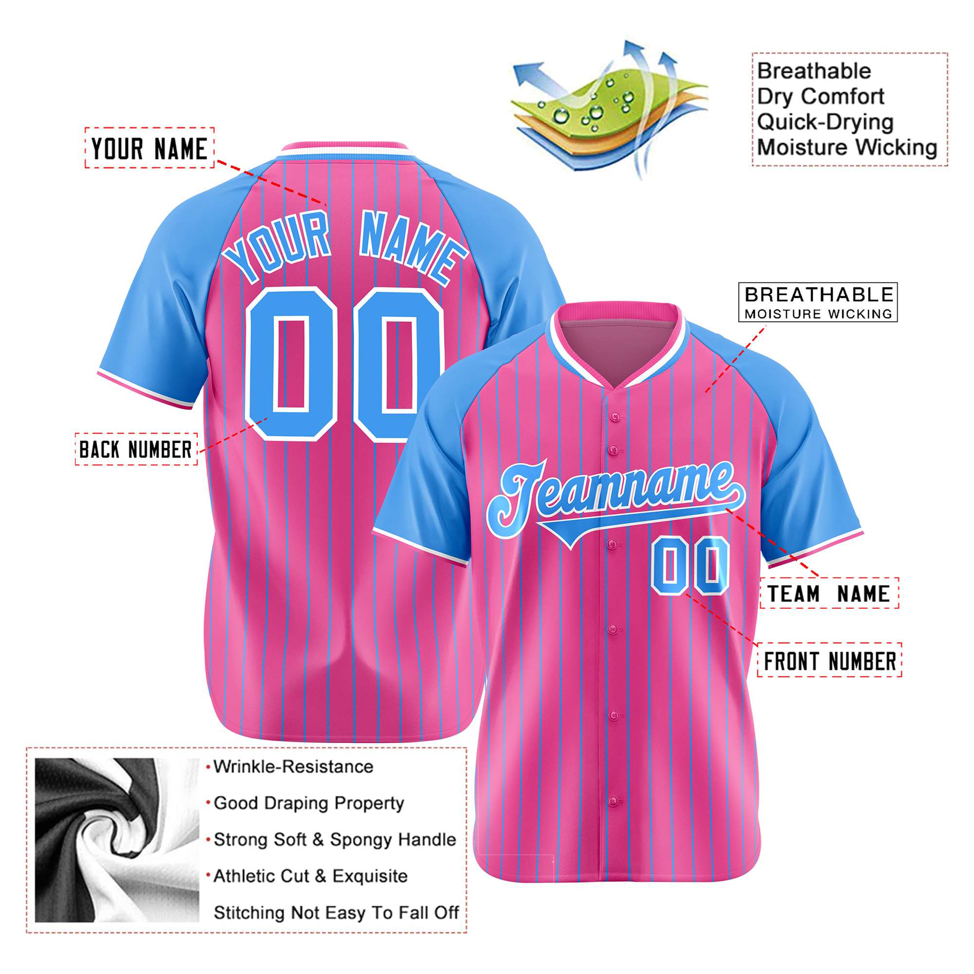 Custom Pink-Powder Blue Pinstripe Authentic Raglan Sleeves Baseball Jersey