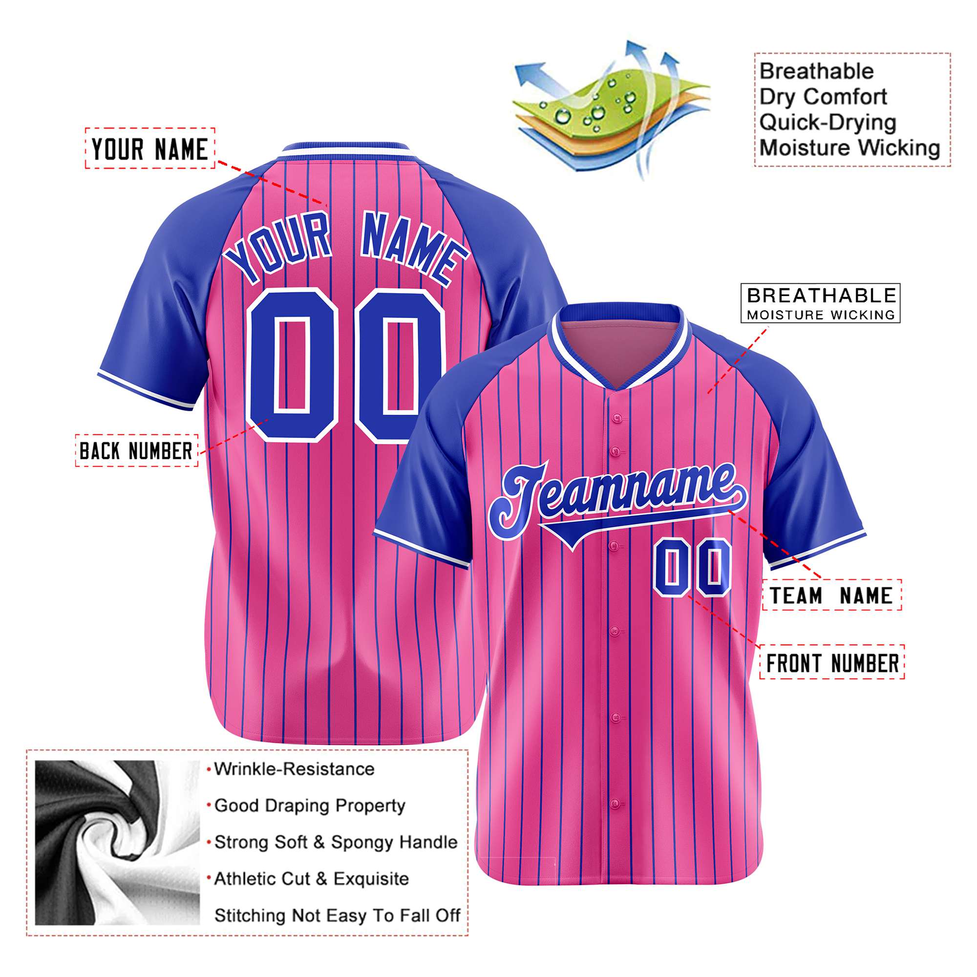 Custom Pink-Royal Blue Pinstripe Authentic Raglan Sleeves Baseball Jersey