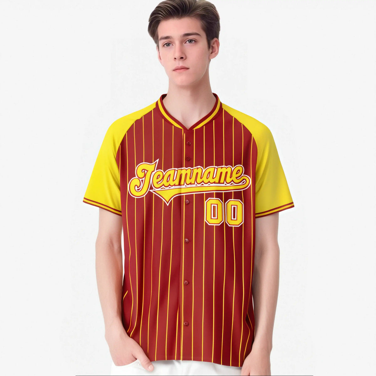 Custom Red Gold Pinstripe Authentic Raglan Sleeves Baseball Jersey