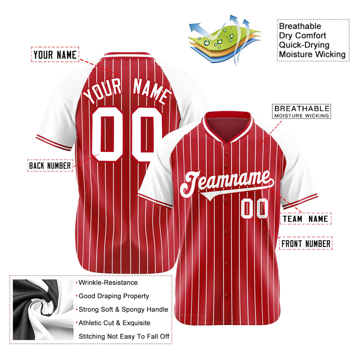 Custom Red White Pinstripe White-Red Authentic Raglan Sleeves Baseball Jersey