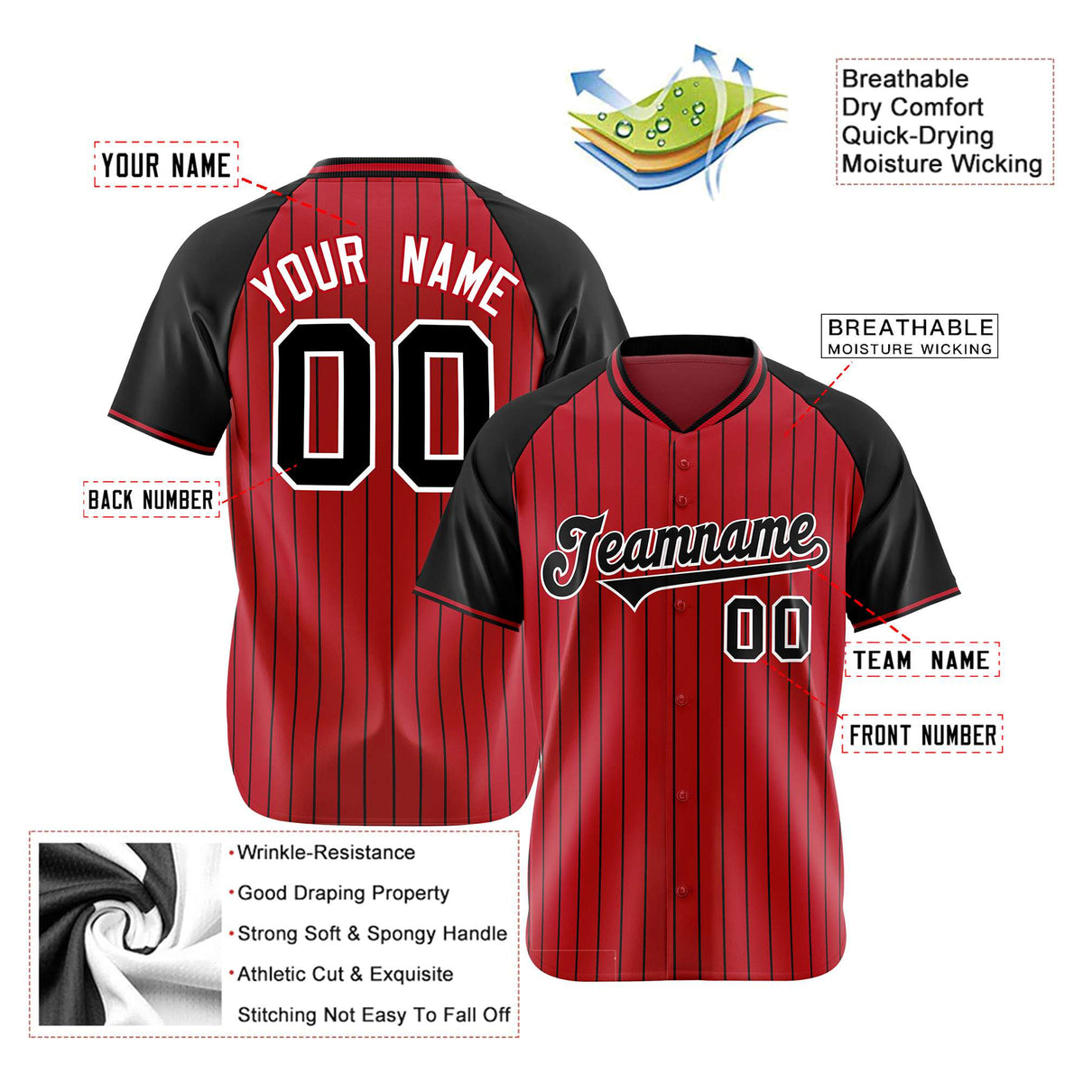 Custom Red Black Pinstripe Black-Red Authentic Raglan Sleeves Baseball Jersey