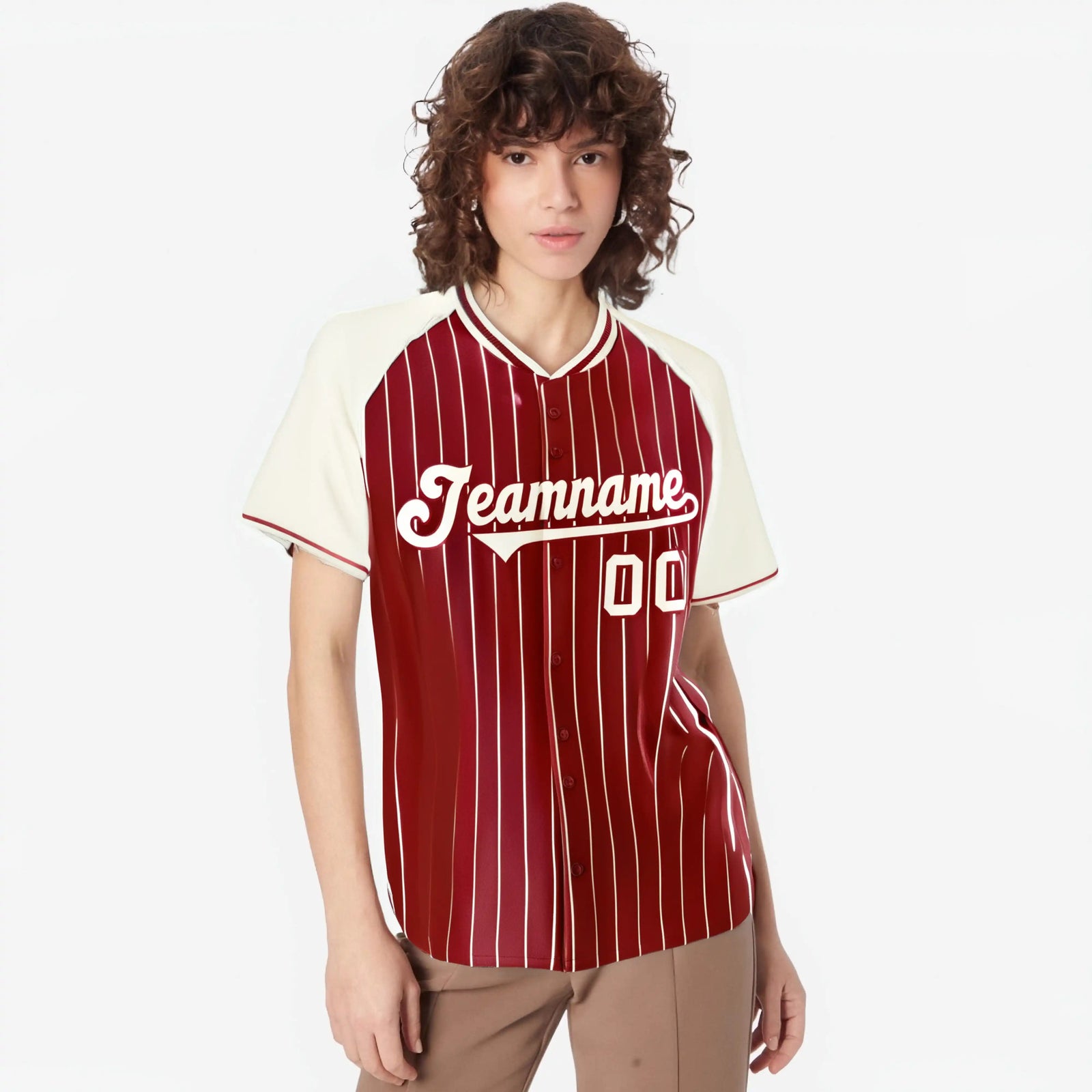 Custom Red Cream Pinstripe Cream-Red Authentic Raglan Sleeves Baseball Jersey